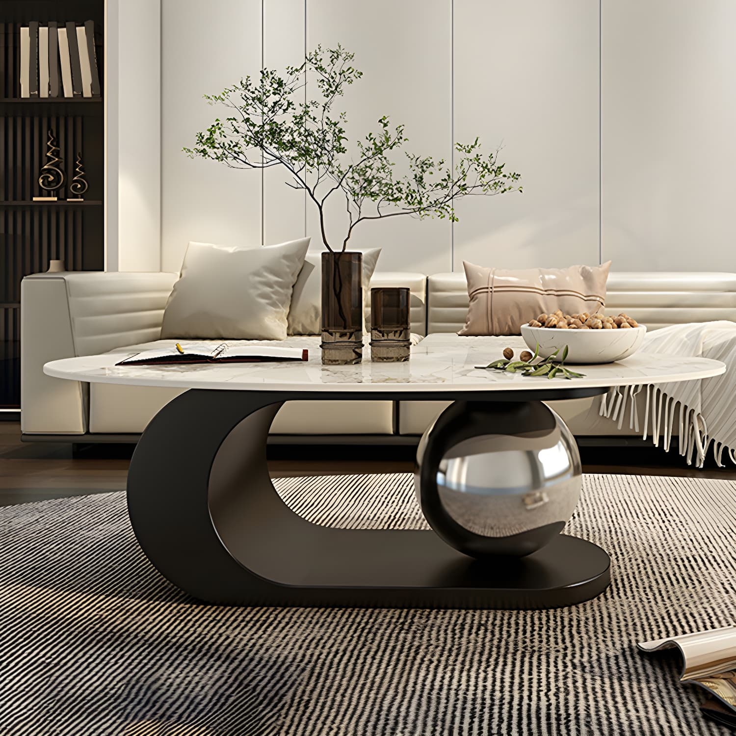 14"H Glam Coffee Table Slate Oval Pedestal Coffee Cocktail Table thumbnail 3