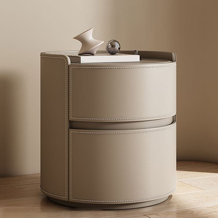 Chic Modern Round Nightstand with Light Wood Tone Faux Leather and Numerate Two Drawer Storage thumbnail 13