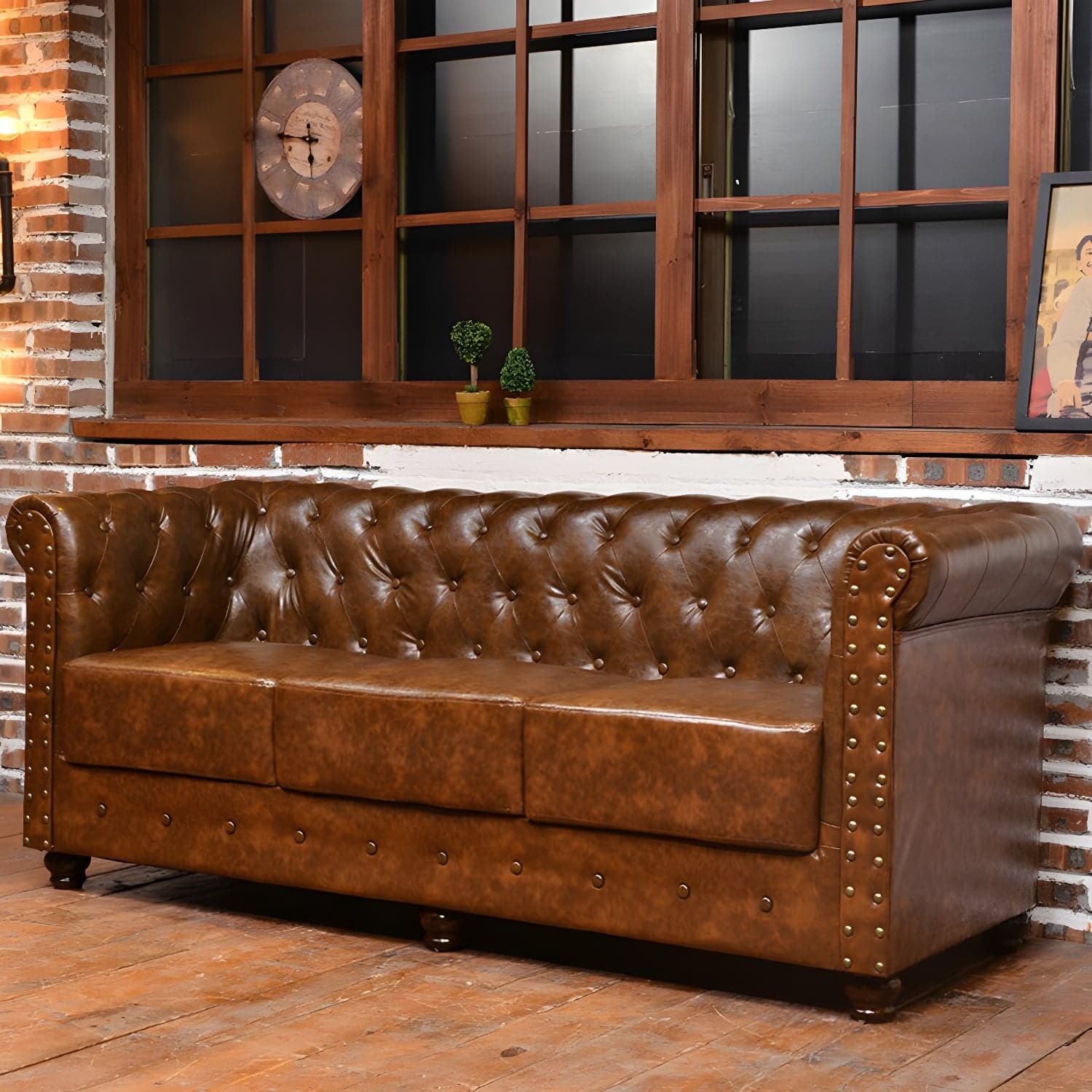 Vintage Leather Chesterfield Sofa 29.53"High Rolled Arm Sofa for Cafe thumbnail 4