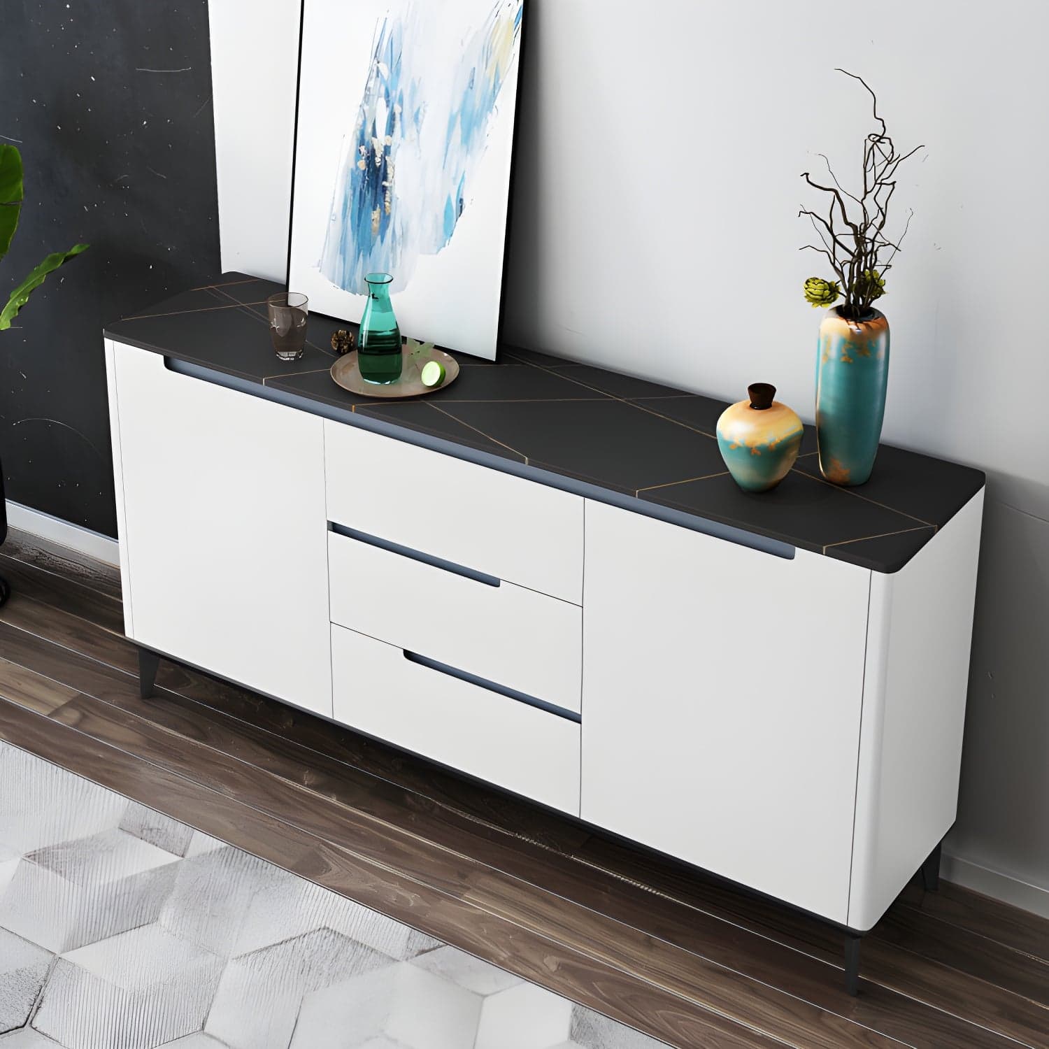 Modern Antique Finish Credenza 3 Drawer Sintered Stone Sideboard Cabinet thumbnail 1