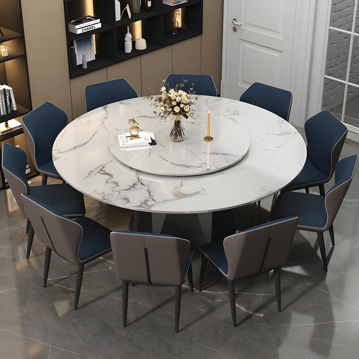 Round White Marble Modern Dining Table with Black Steel Pedestal Base and Convenient Lazy Susan thumbnail 3