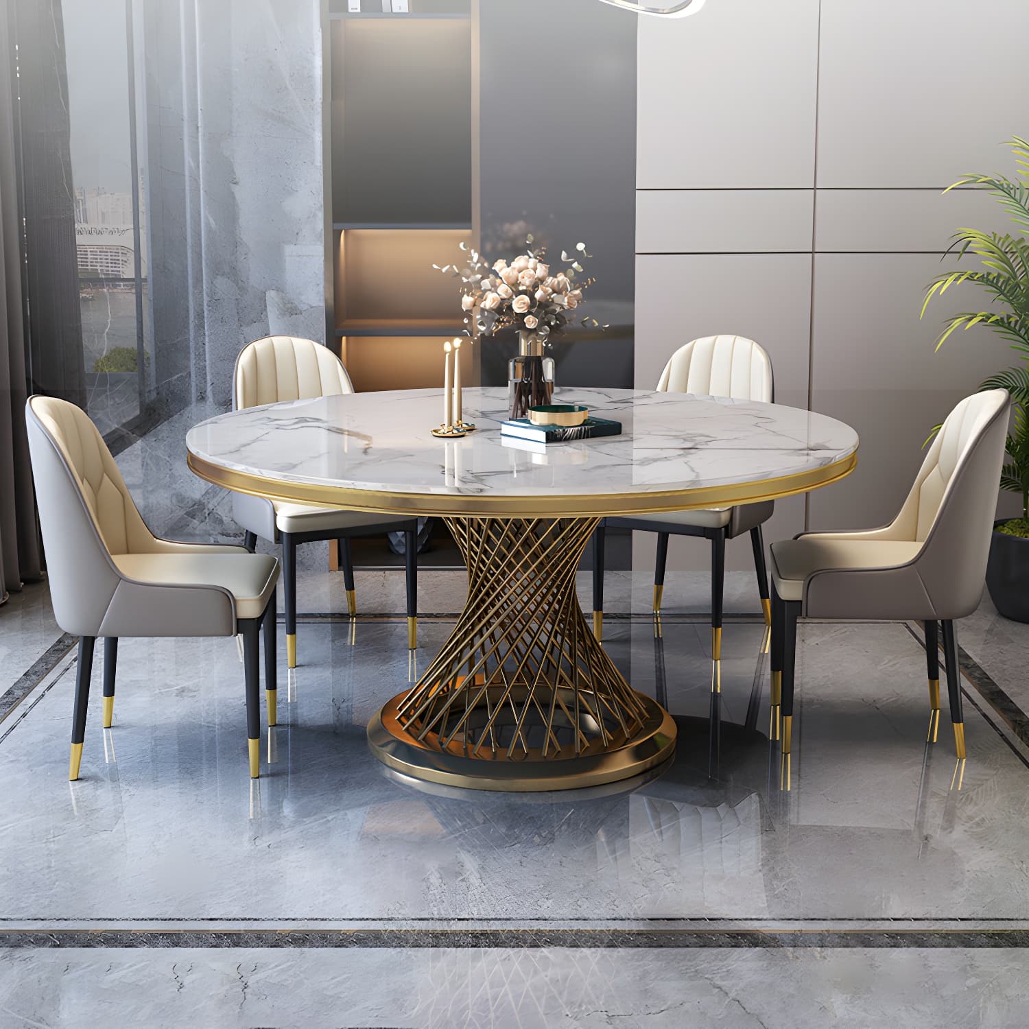 Glam Round Marble Dining Set with Gold Metal Pedestal Base - Fixed Table in White thumbnail 4