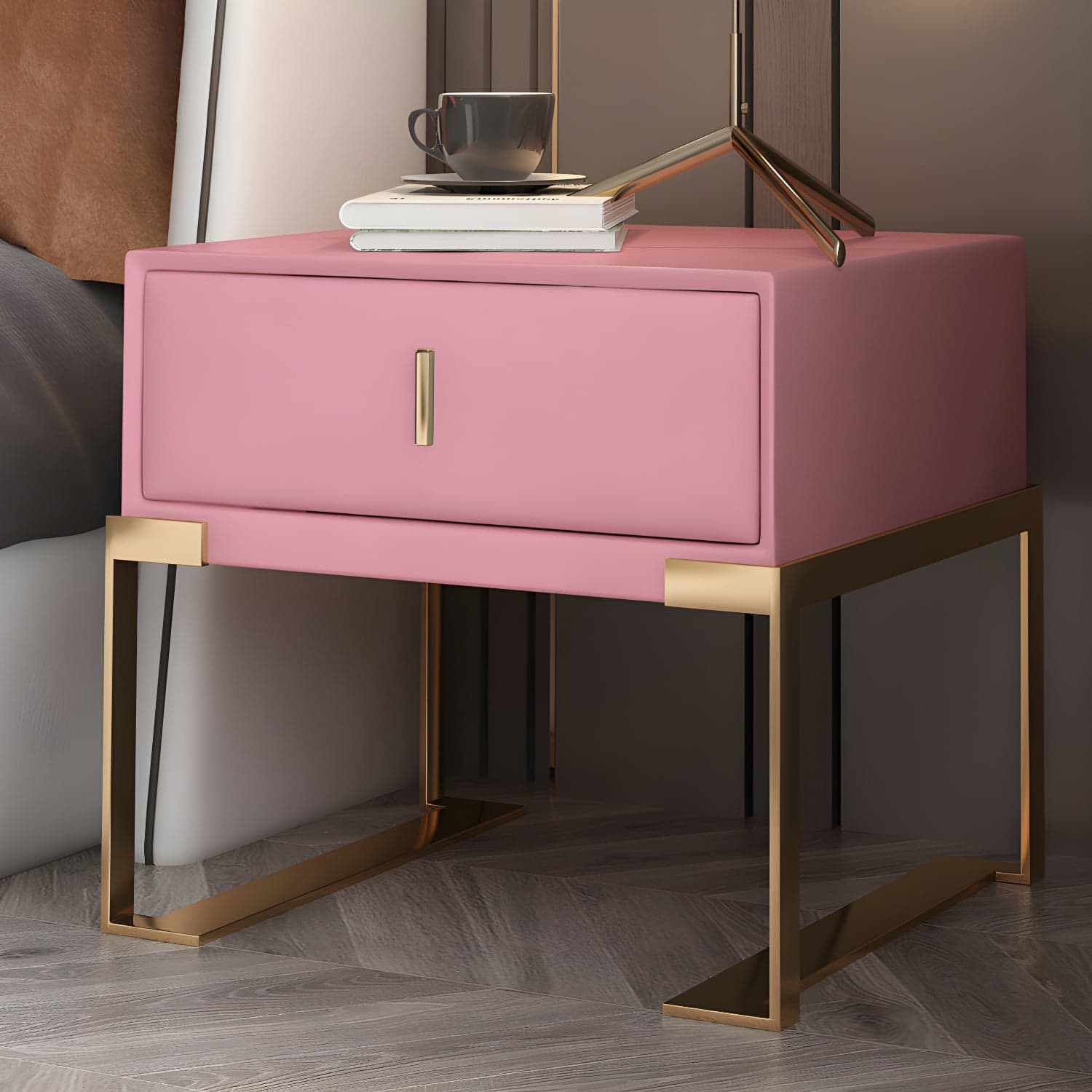 Faux Leather Nightstand 1-Drawer 21 Inch Tall Modern Legs Included Night Table thumbnail 18