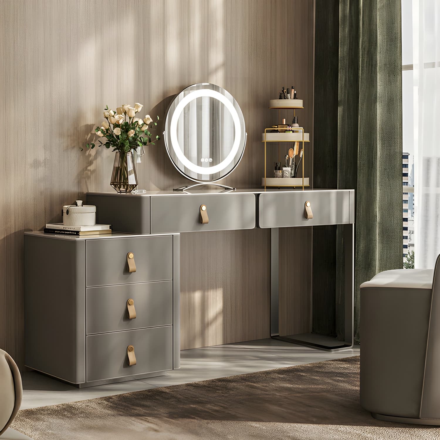 Contemporary 5-Drawer Wood Frame Slate Top Makeup Vanity Desk Table in Gray thumbnail 3