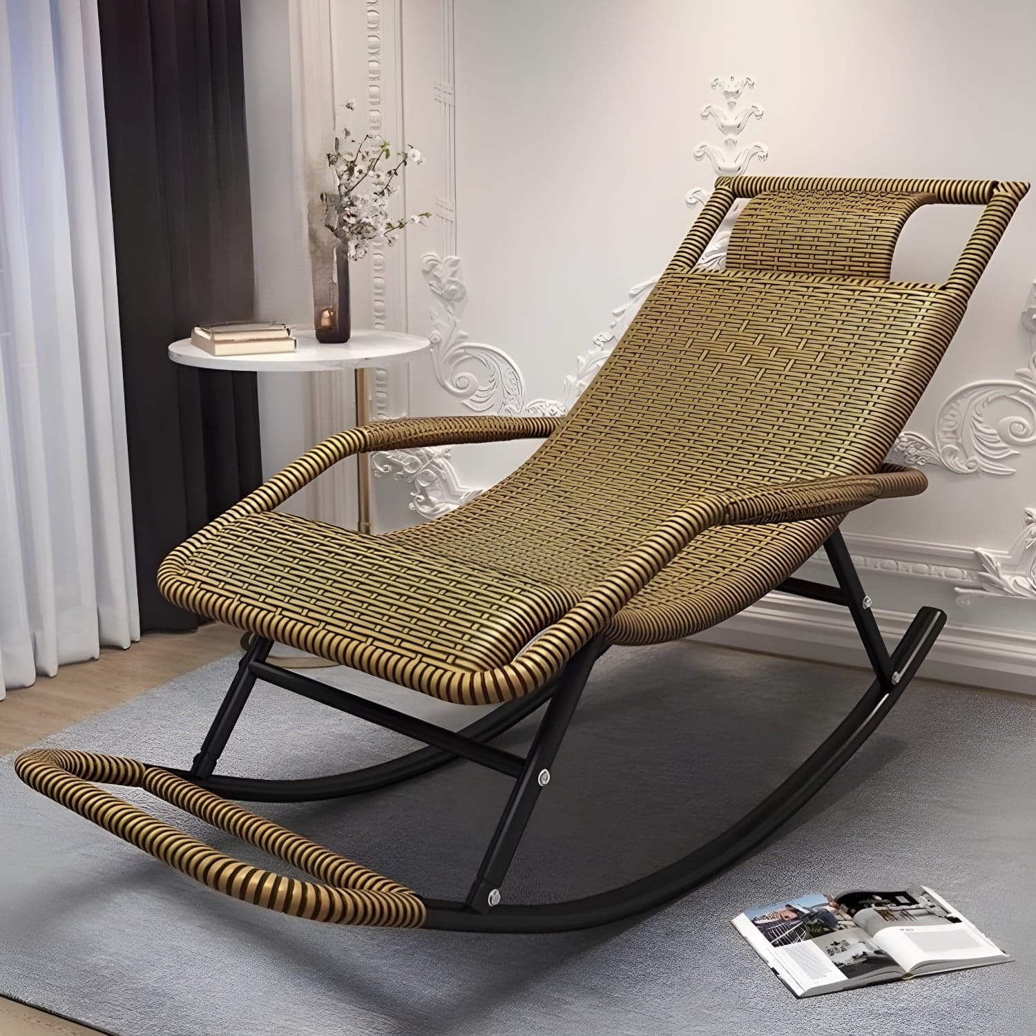 Traditional Black Metal Frame Rocking Chair with Spindle Back and High Weight Capacity thumbnail 5