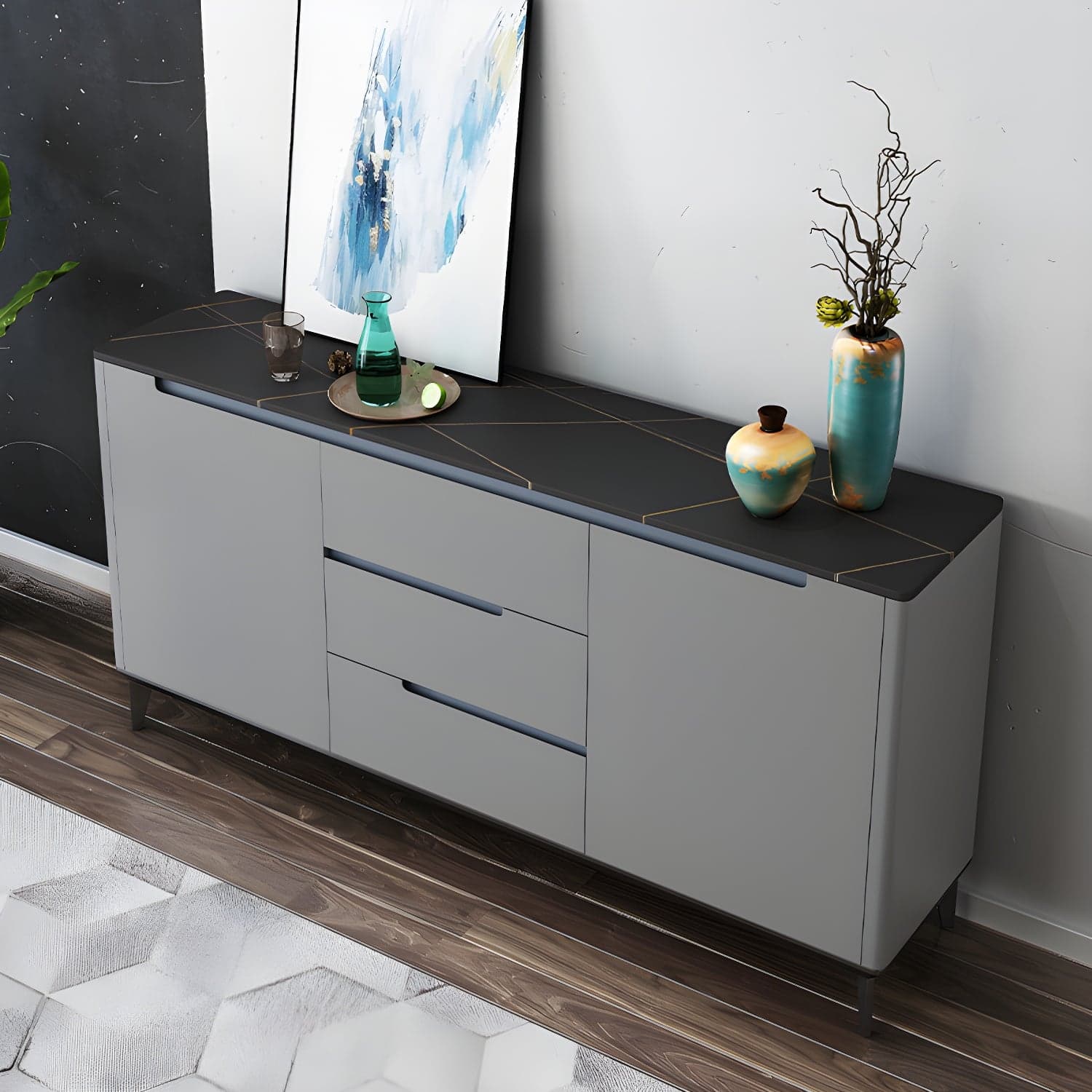 Modern Antique Finish Credenza 3 Drawer Sintered Stone Sideboard Cabinet thumbnail 2
