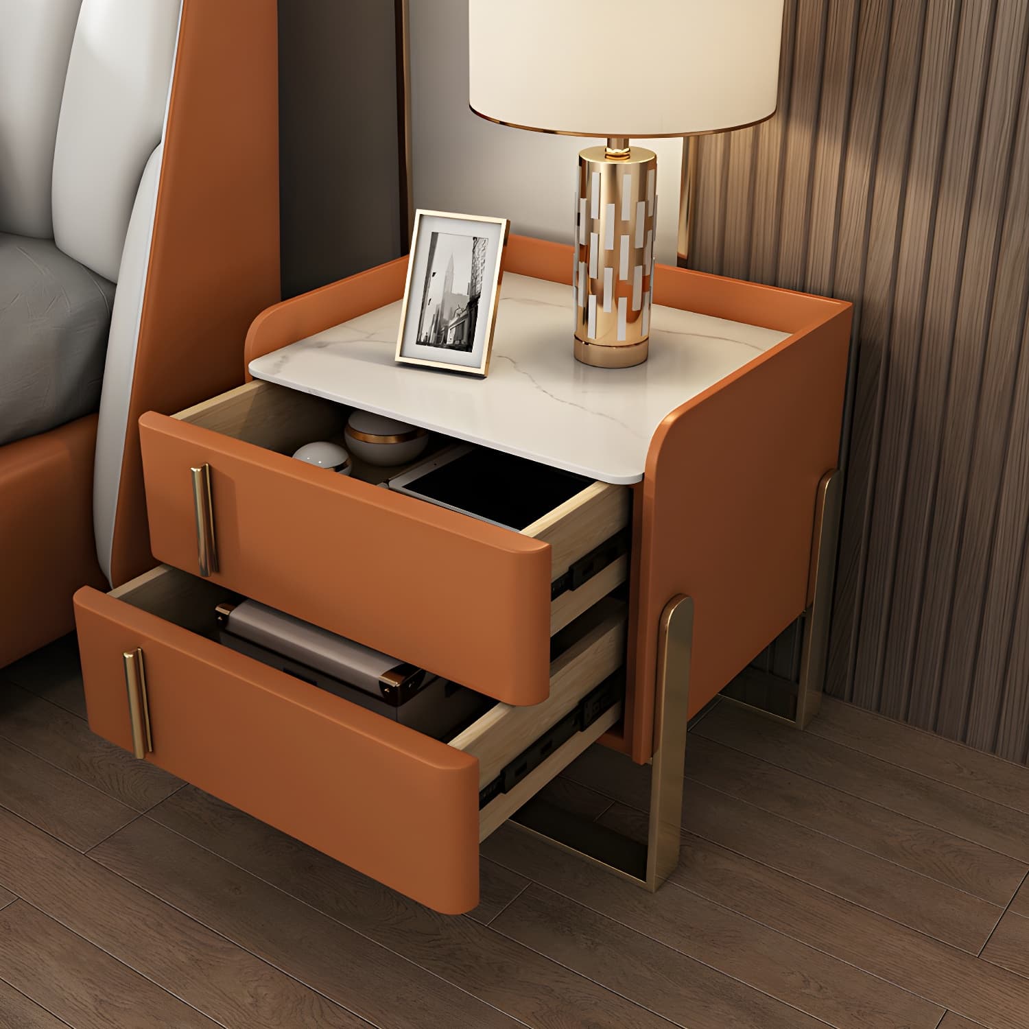 Glam Nightstand with 2 Drawer 20-inch Tall Leather Night Table thumbnail 21