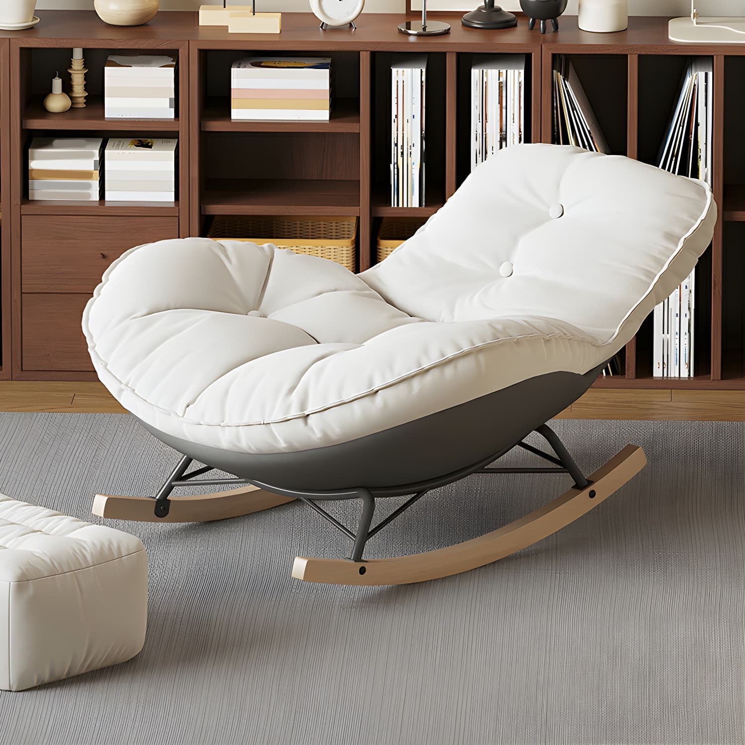 Contemporary Upholstered Rocking Chair with White Tufted Flannel Cushion and Solid Wood Legs thumbnail 6