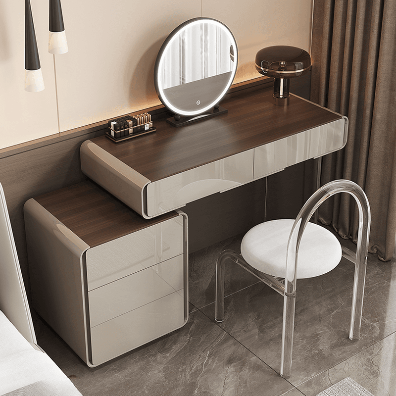 Modish Large/Standard Vanity Set in Gray with 5/8 Drawers, Polymer Frame, Mirror Lights, and Chair thumbnail 2