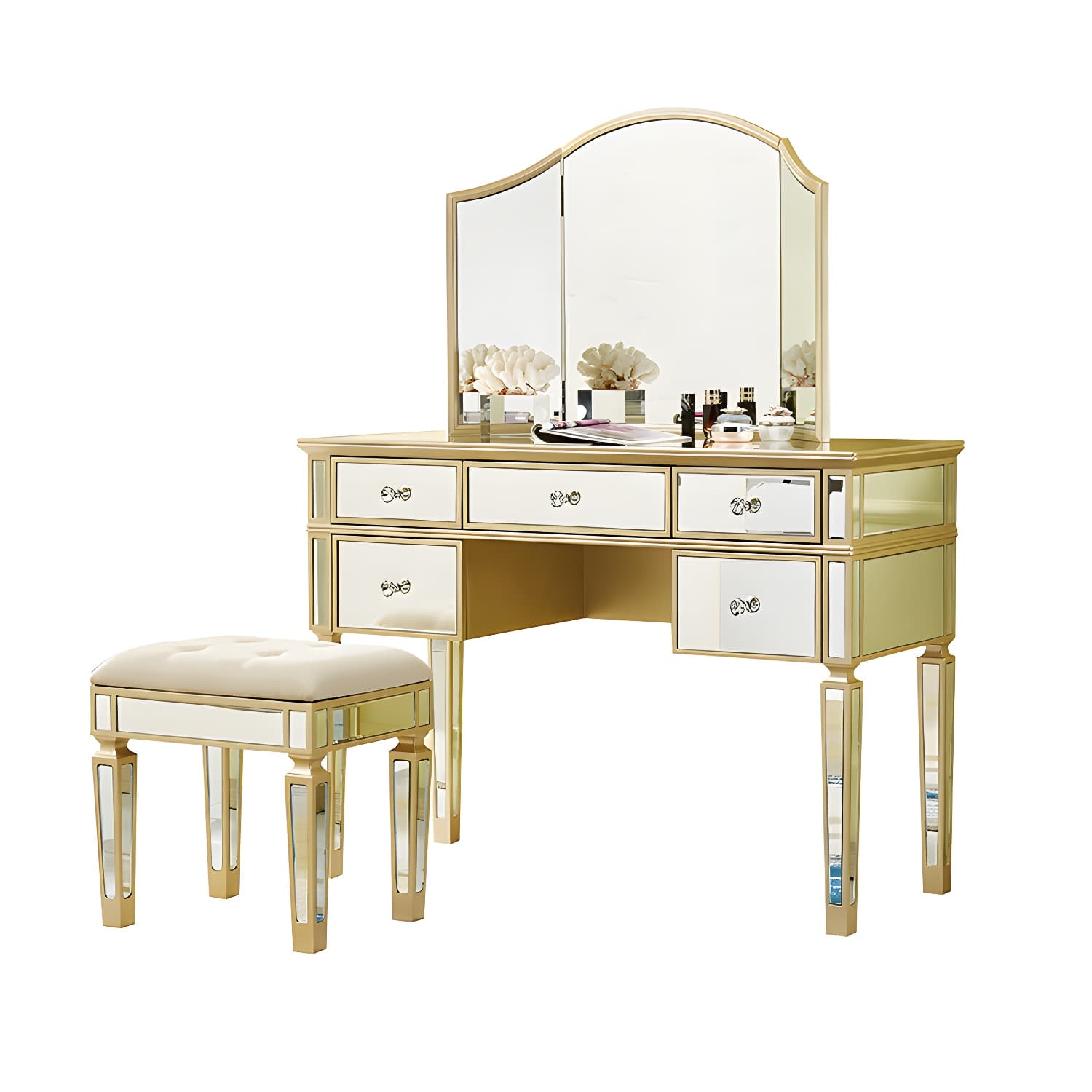 Solid Wood Vanity Dressing Table Set Contemporary Makeup Counter with Drawers thumbnail 1