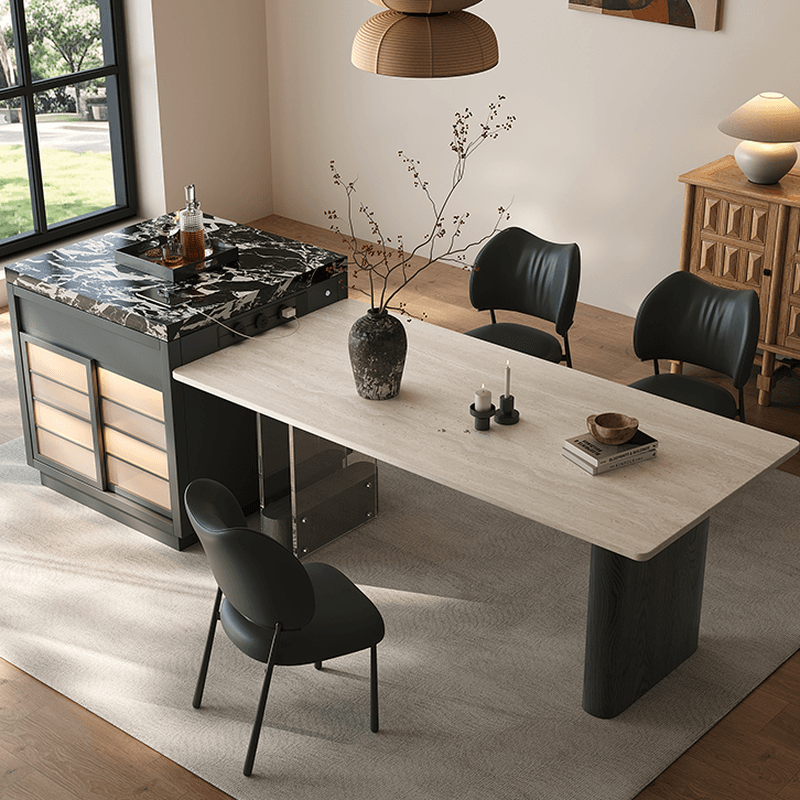 Dining Table Set with Rectangular Slate Stone Top and Two-sided Pedestal, Featuring Padded Chair with Back, 5-piece in Ivory thumbnail 1