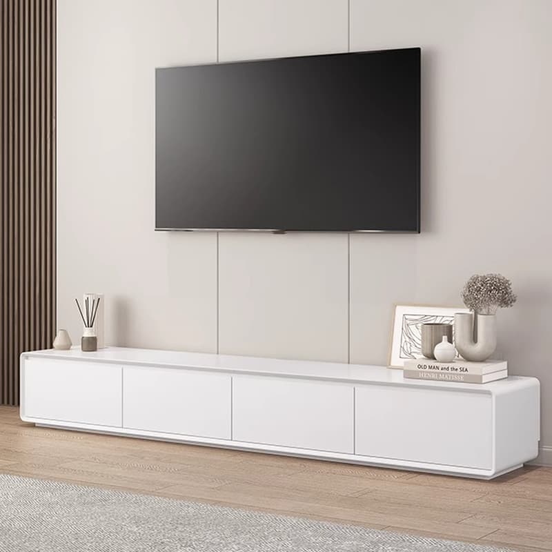 White Art Deco Wooden TV Stand with Shelf, 2 Drawers, 2 Cabinets, and Cable Management thumbnail 1