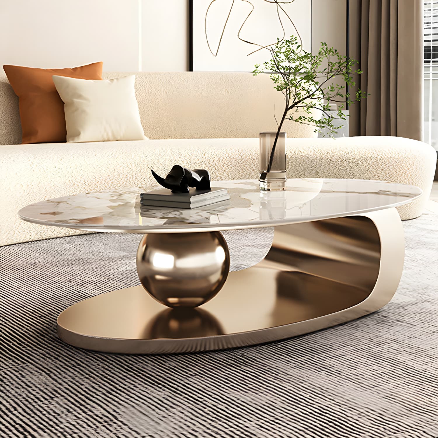Oval Coffee Table with Stainless Steel Base Made of Rock Sheet thumbnail 6
