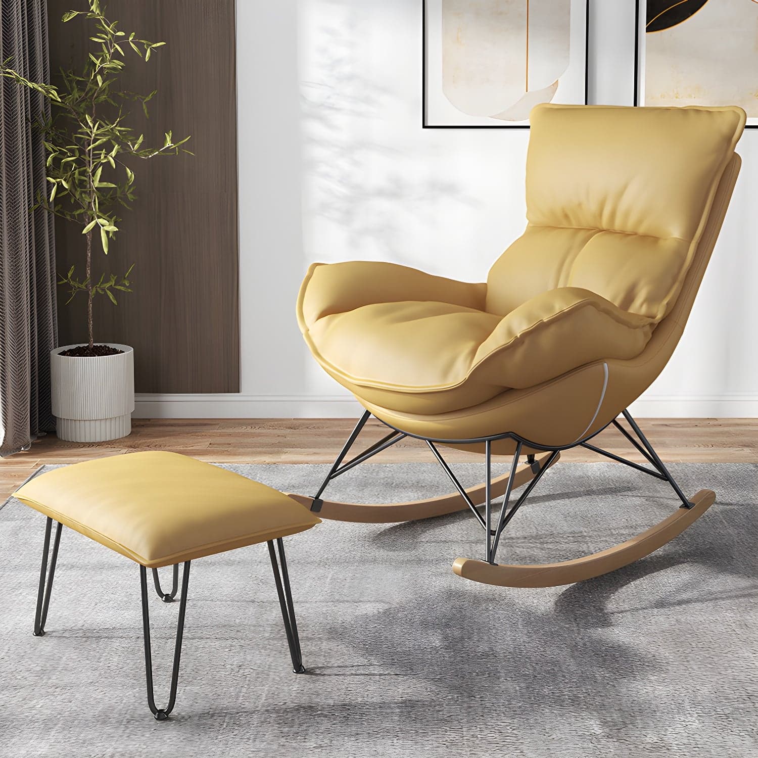 Contemporary Rocking Chair Faux Leather Water Resistant Plain Rocker Chair with Ottoman thumbnail 5
