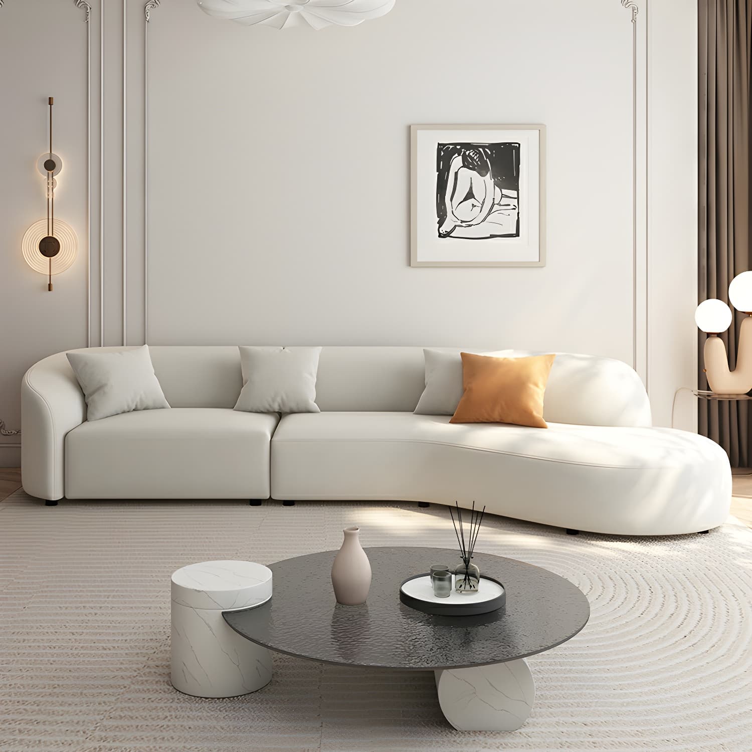 Modern Beige Tech Cloth Stationary Sectional Sofa with Wood Frame and Flared Arms thumbnail 4