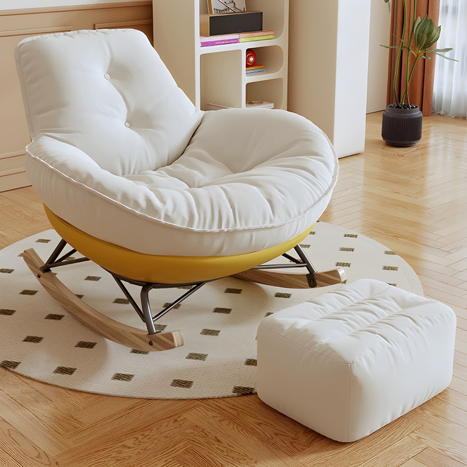 Indoor Contemporary Rocking Chair with Beige Upholstered and Wood Legs thumbnail 11