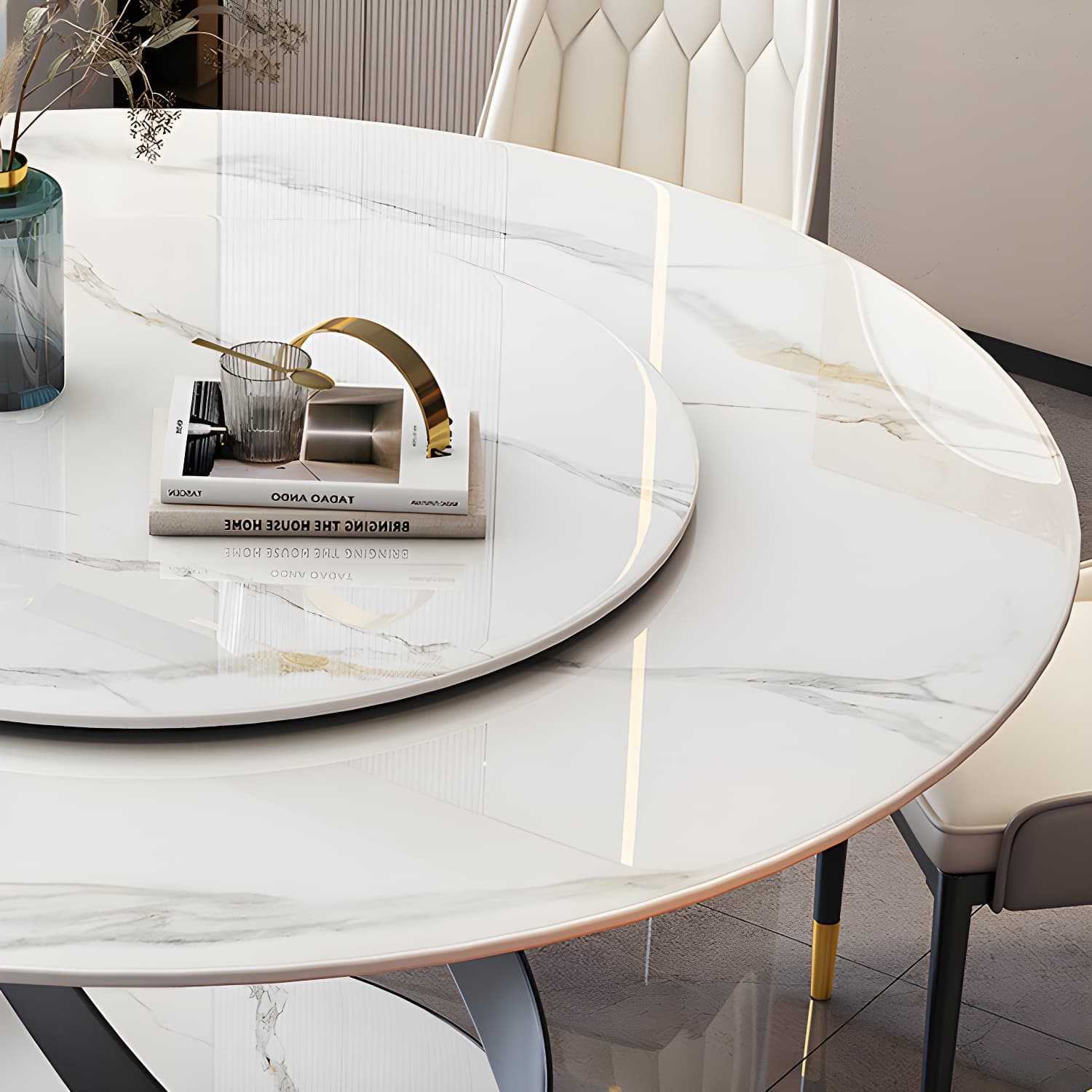 Modern Round Stone Top Lazy Susan Dining Table with Black Steel Pedestal thumbnail 9