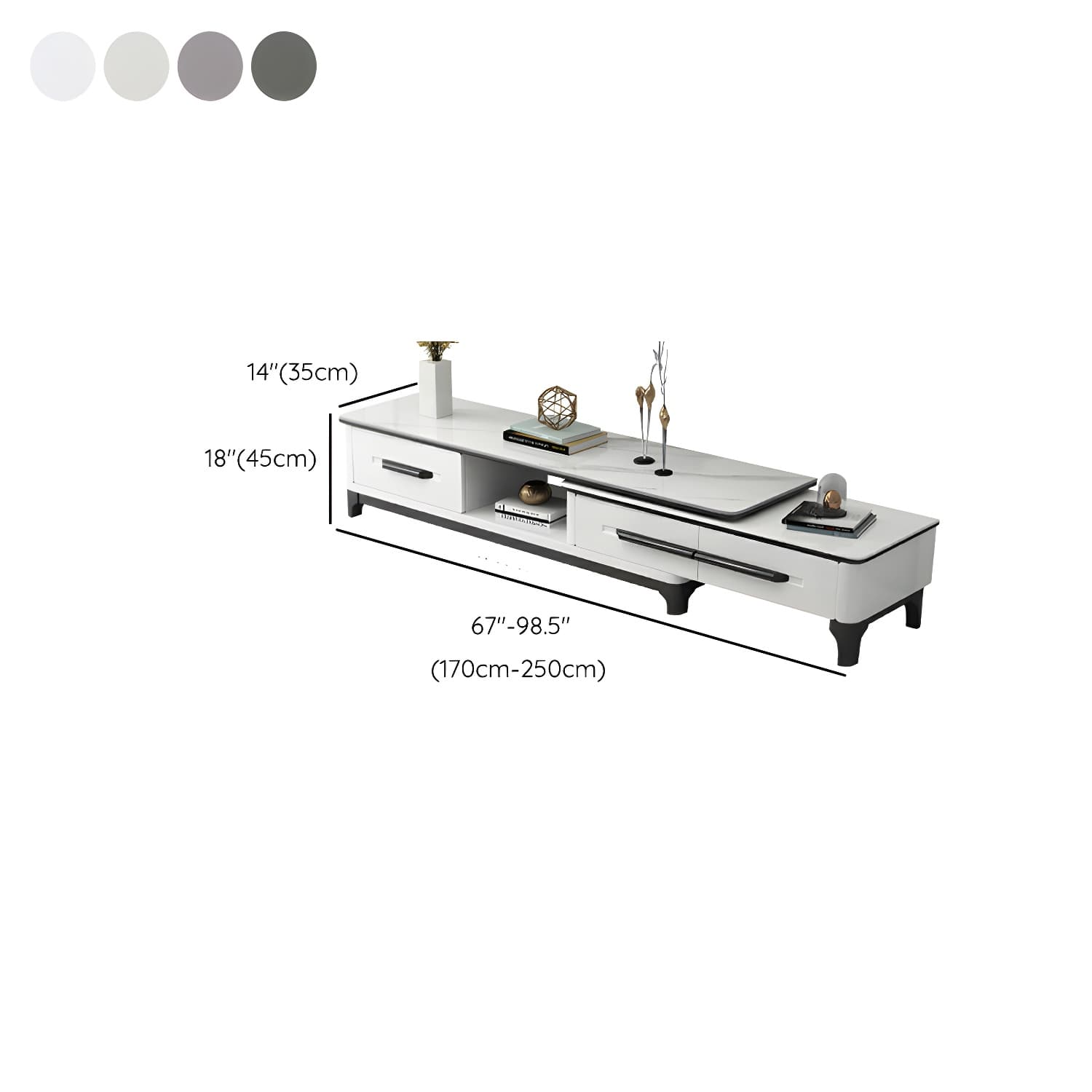 Modern Stone TV Stand with Long Length, Open Storage and Drawers featuring Wood Shelves thumbnail 12