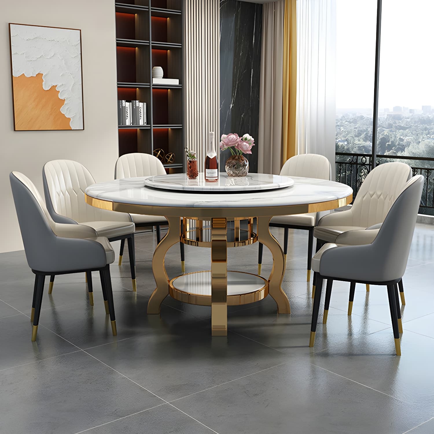 Kitchen 1/7/9/11 Pcs Dining Set with Round Dinette Table and Leather Chairs thumbnail 2