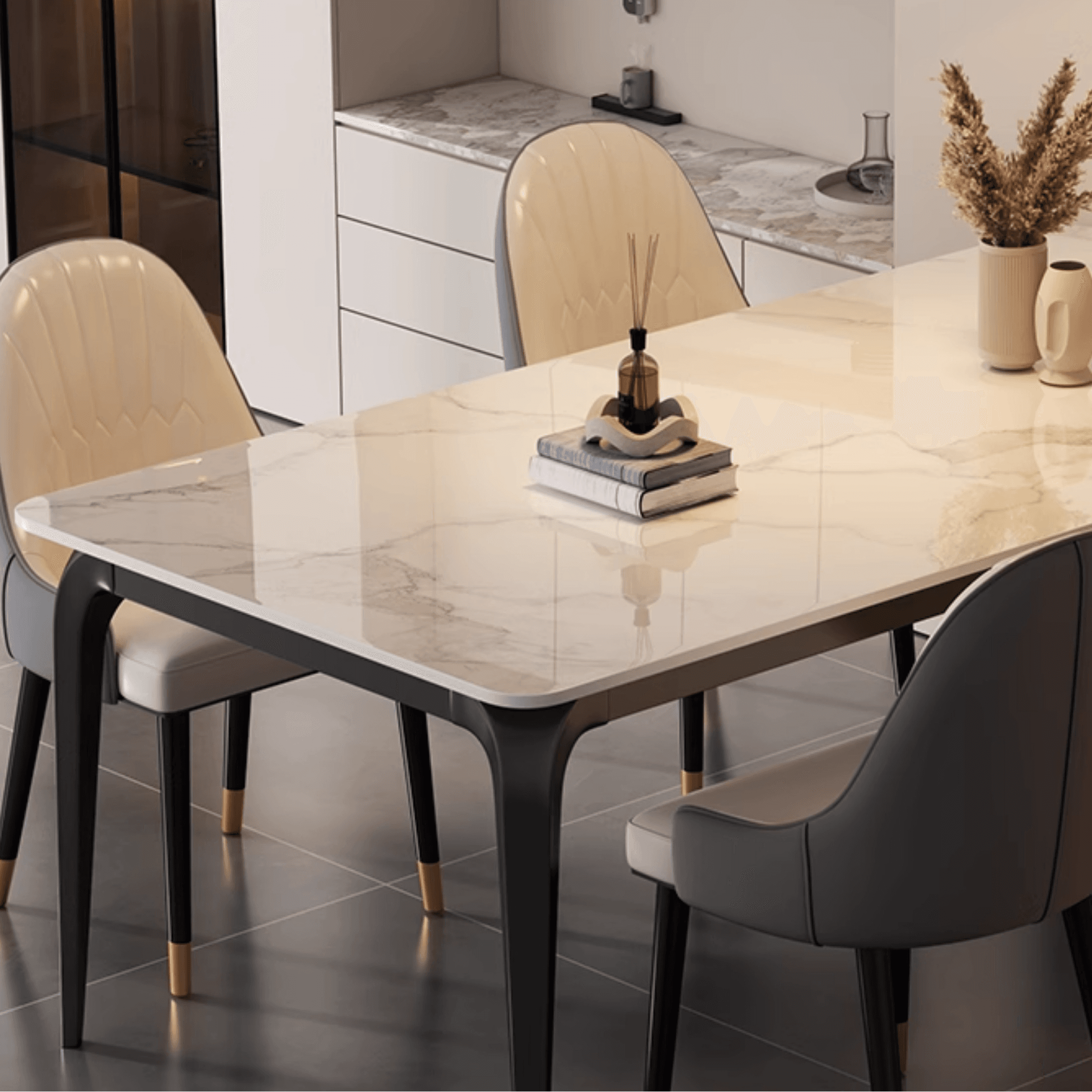Trendy White/Charcoal/Light Gray Rectangle Scratch Resistant Sintered Stone Top Dining Table for 4/8 People/Seats 6, Standard Table Height thumbnail 13