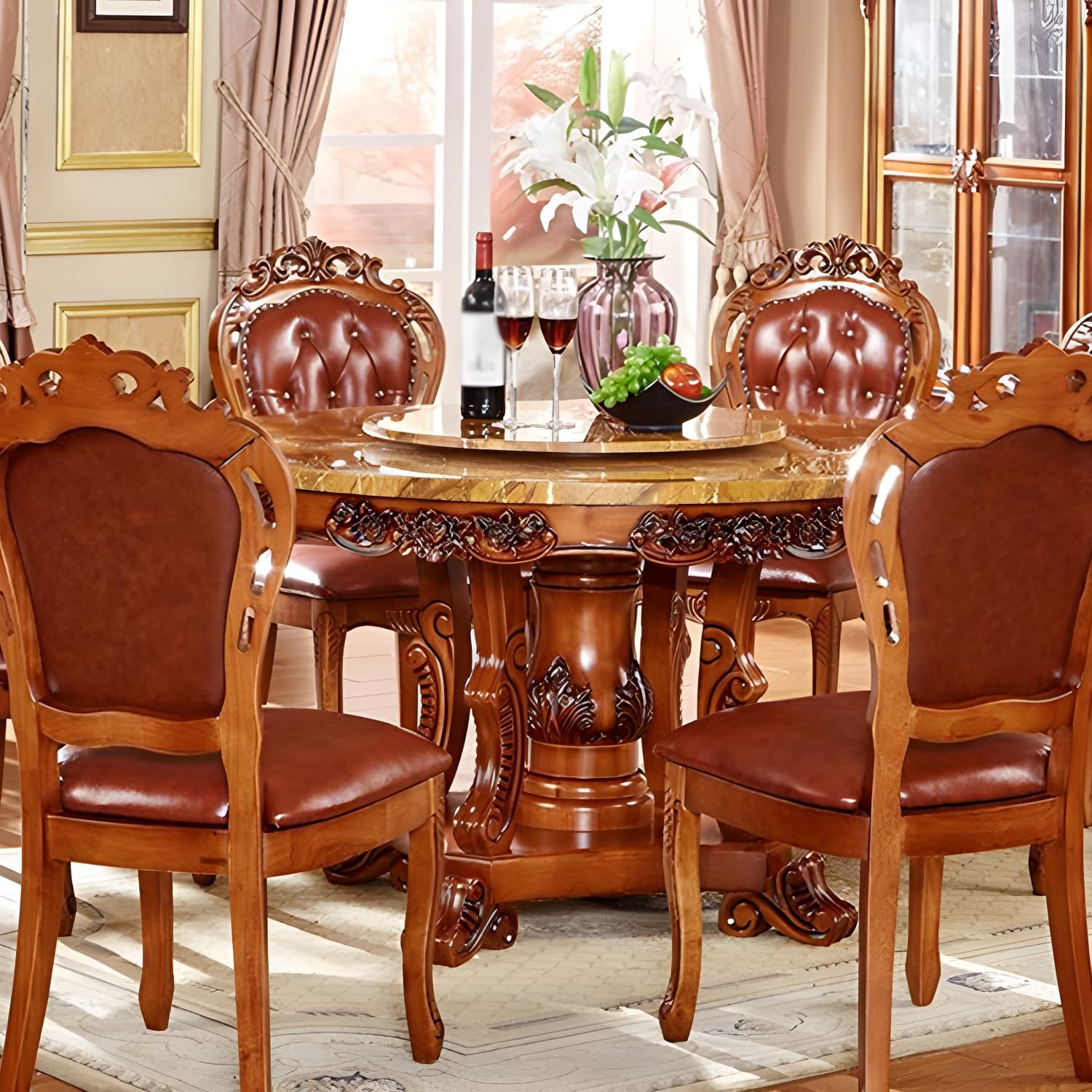 Rubberwood Base Victorian Round Table Pedestal Base Table for Dining Room thumbnail 3