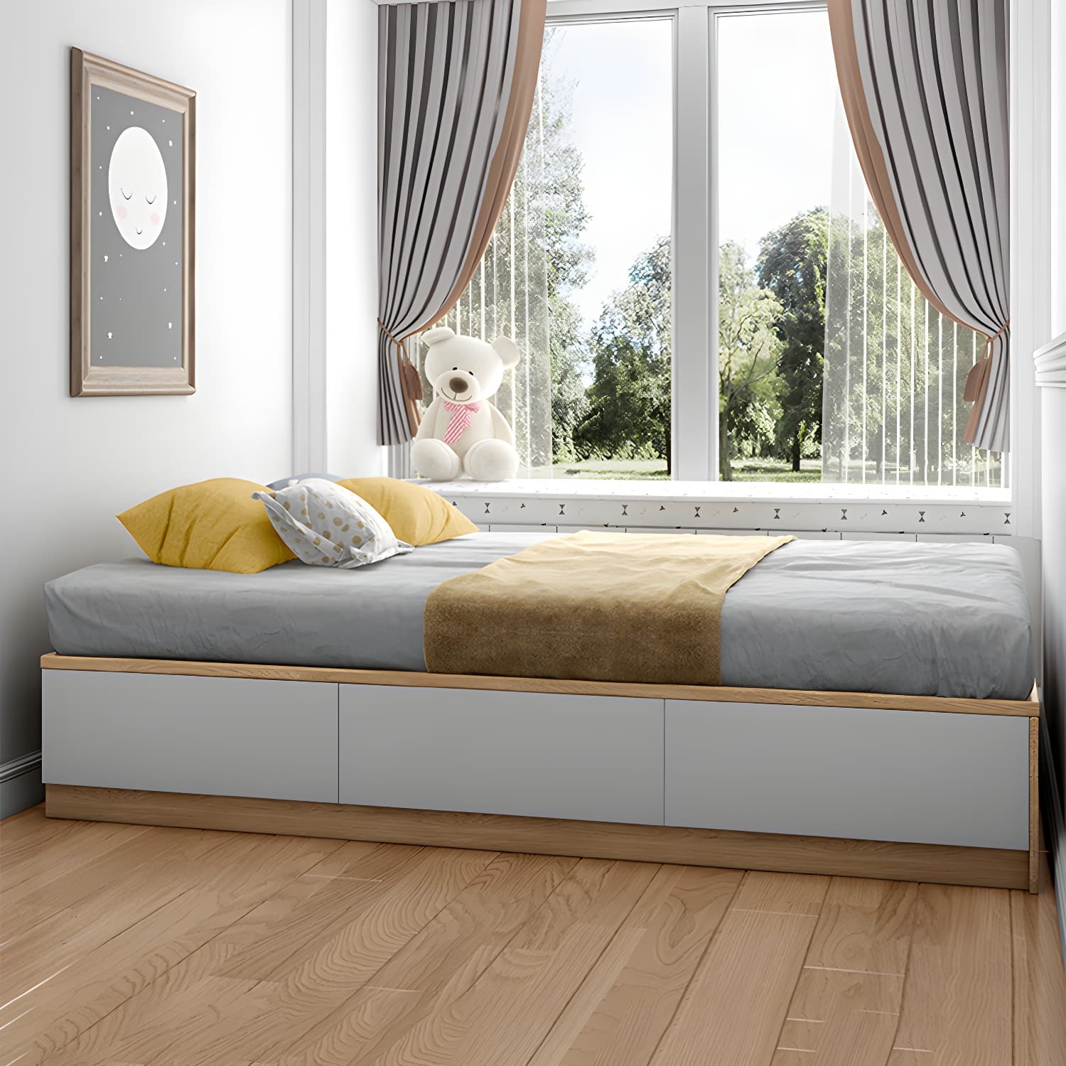 Modern Wood Platform Bed Frame Natural No Distressing Bookcase thumbnail 4