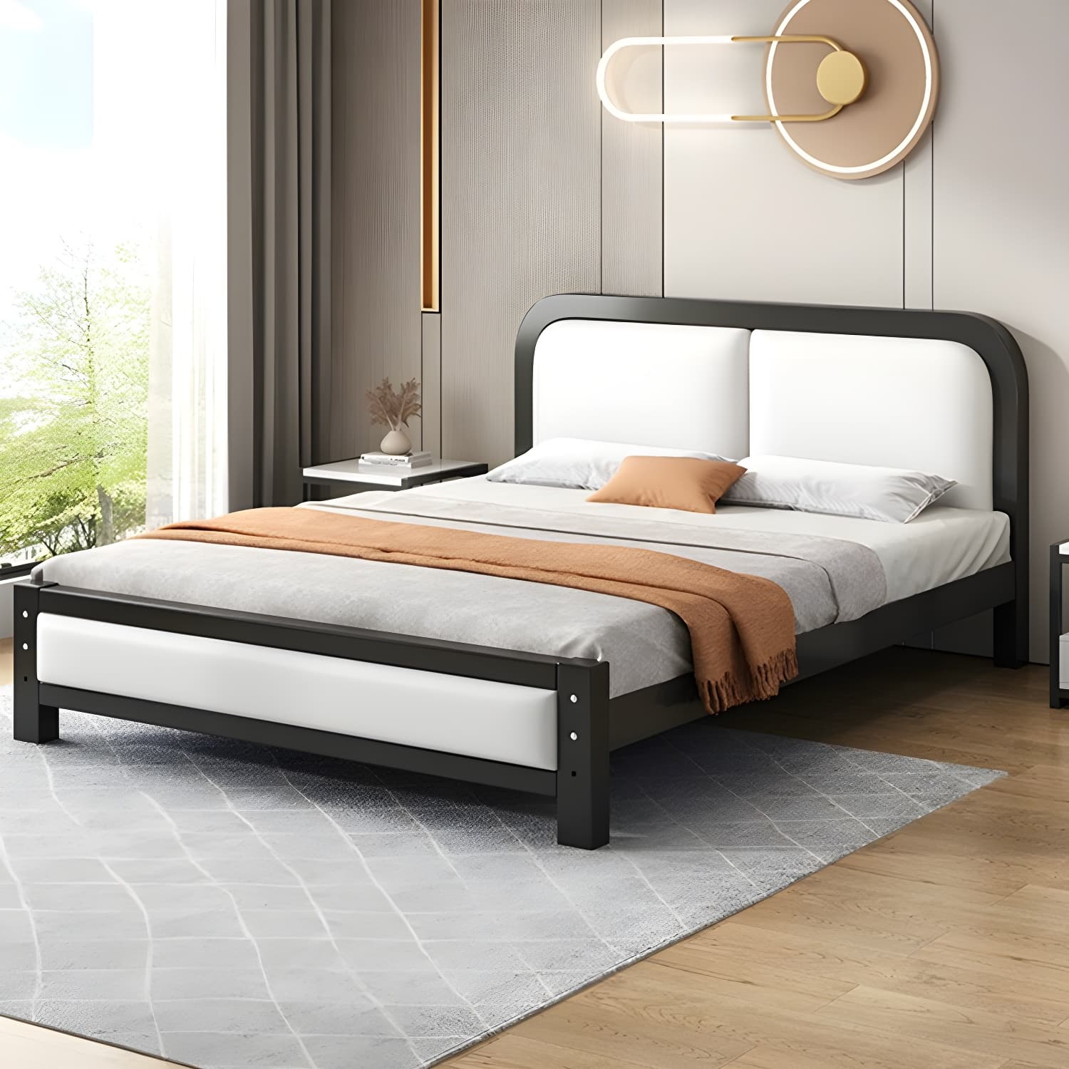 Modern Metal Panel Bed in White/Midnight Black with Easy Assembly thumbnail 4