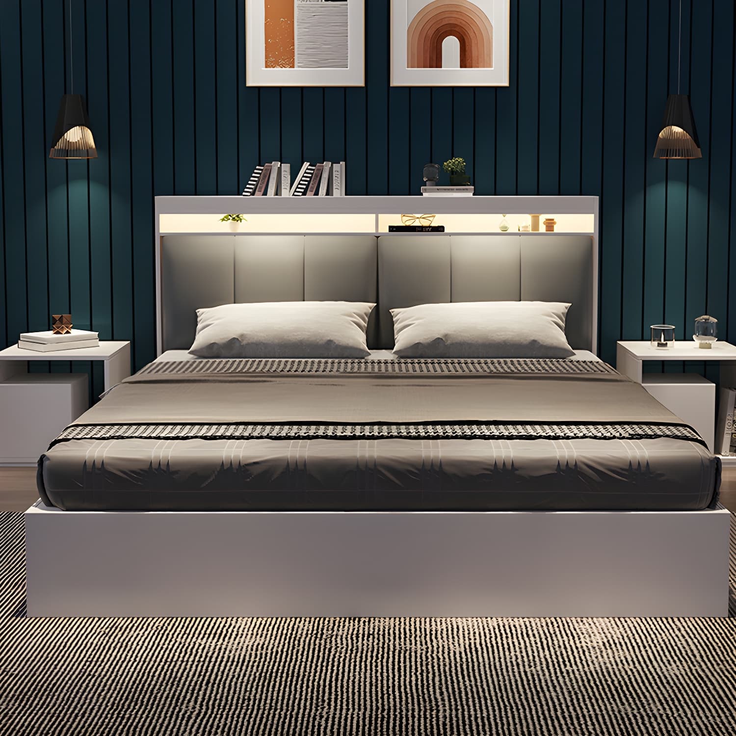 Modern Upholstered Headboard Bed with Storage and Patchwork Design thumbnail 2