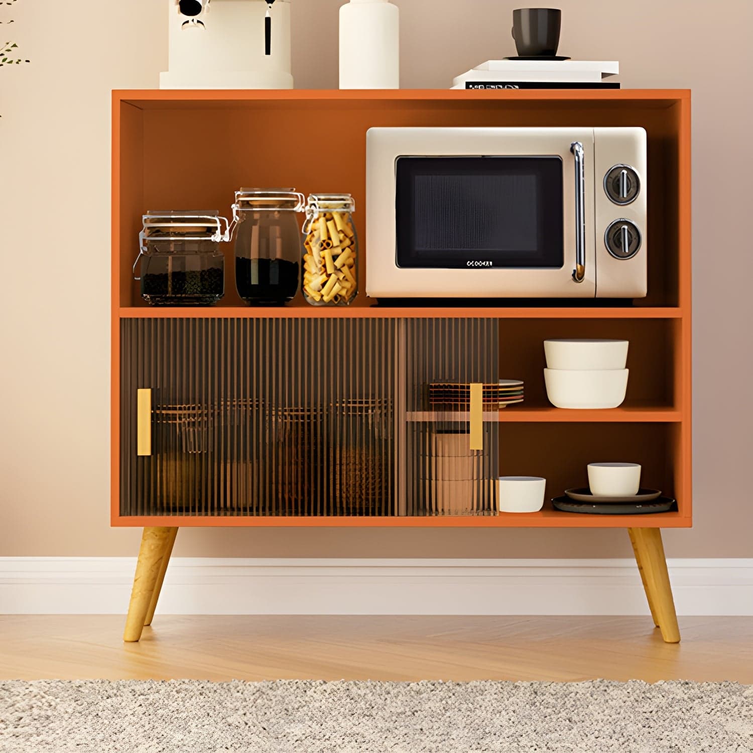 Scandinavian Wood Buffet Table with Acrylic Sliding Doors and Cabinet thumbnail 4