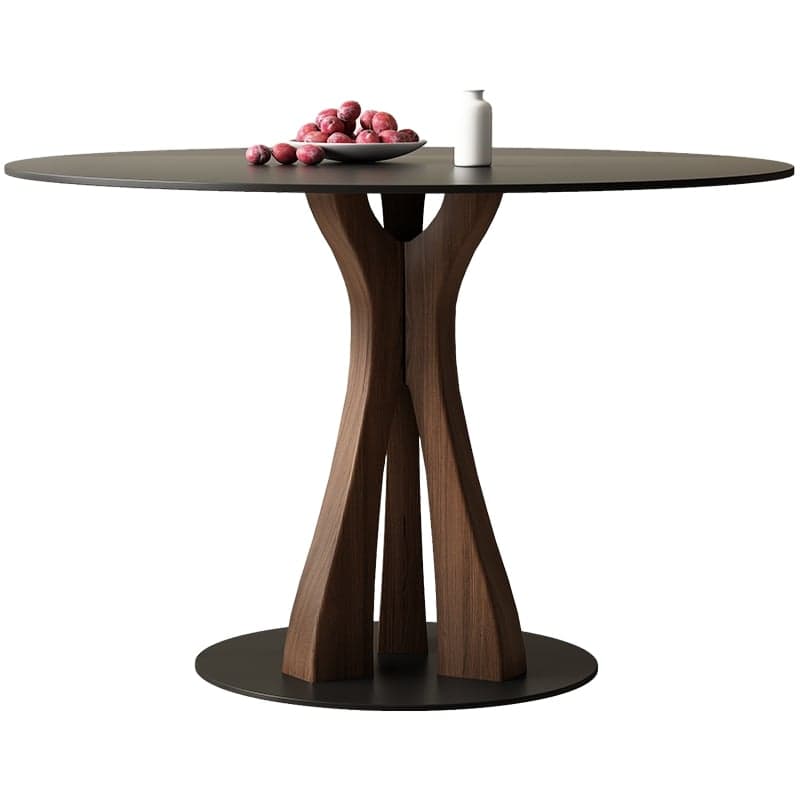Round Modern Stone Top Dining Table with Solid Wood Pedestal Base thumbnail 1