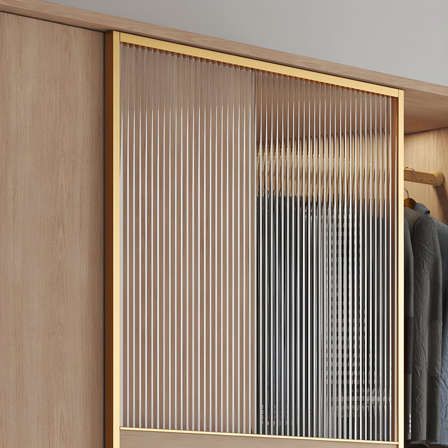 Contemporary Glass Sliding Doors Wardrobe Natural Wood Wardrobe with Drawers thumbnail 6