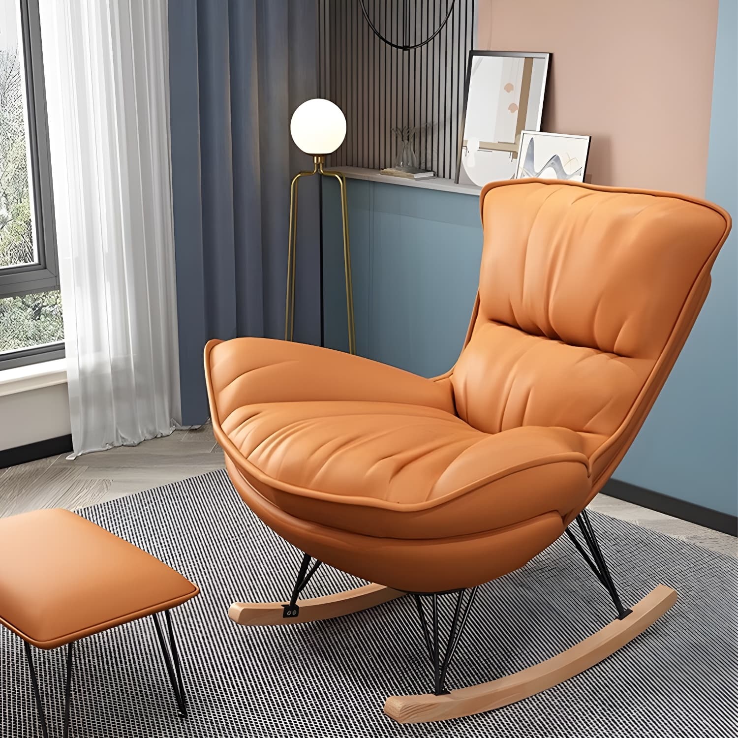Stylish Modern Indoor Rocking Chair with Ottoman - Upholstered Seat and Natural Wood Legs thumbnail 12