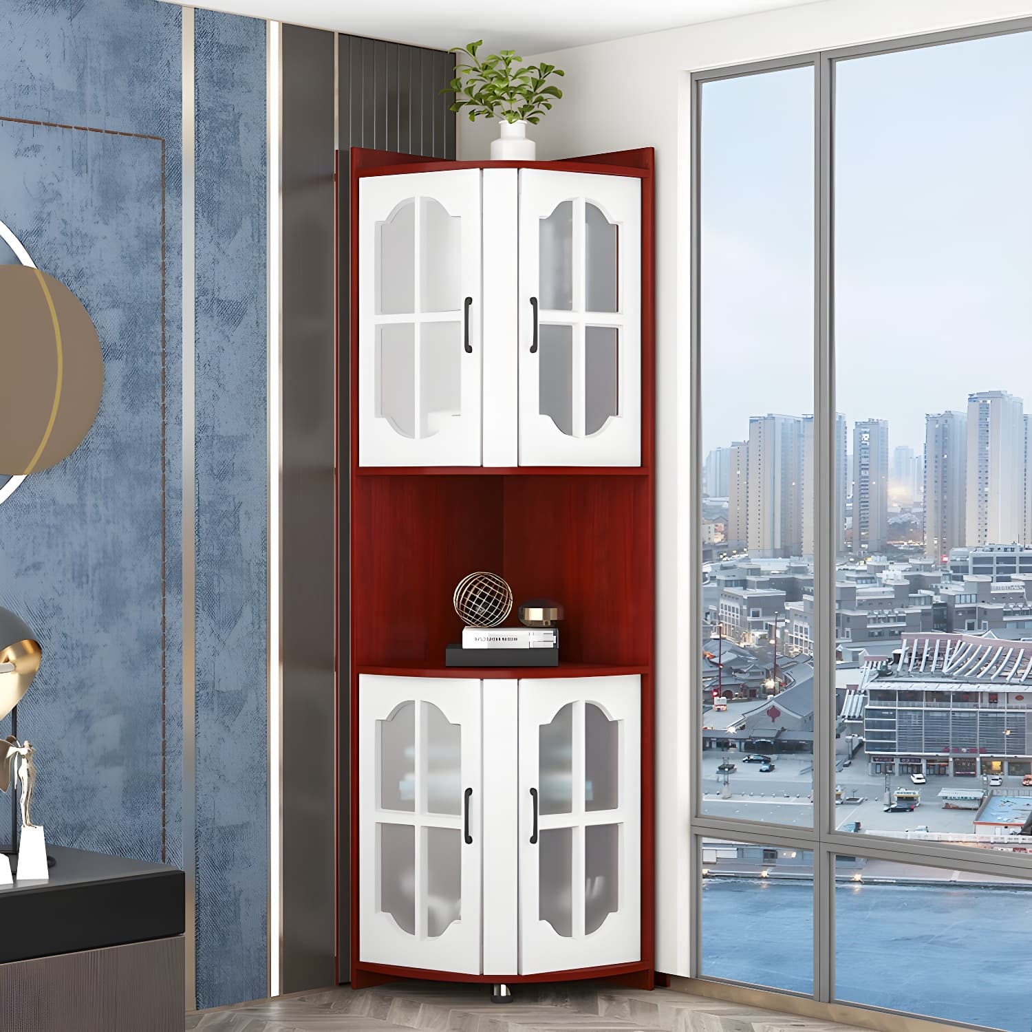 Corner Modern Glass Door Accent Cabinet with Wood Base and 2 Exterior Shelves thumbnail 3