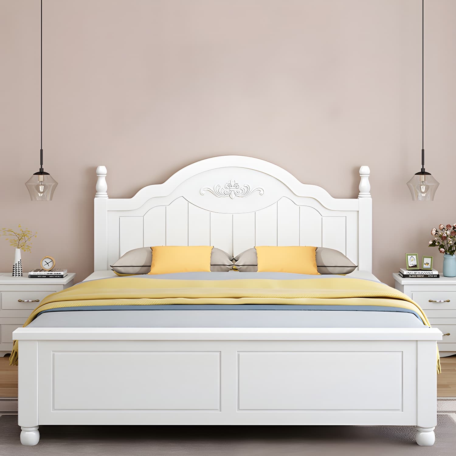 Modern Solid Color Wooden Freestanding Bed Frame with Headboard thumbnail 3
