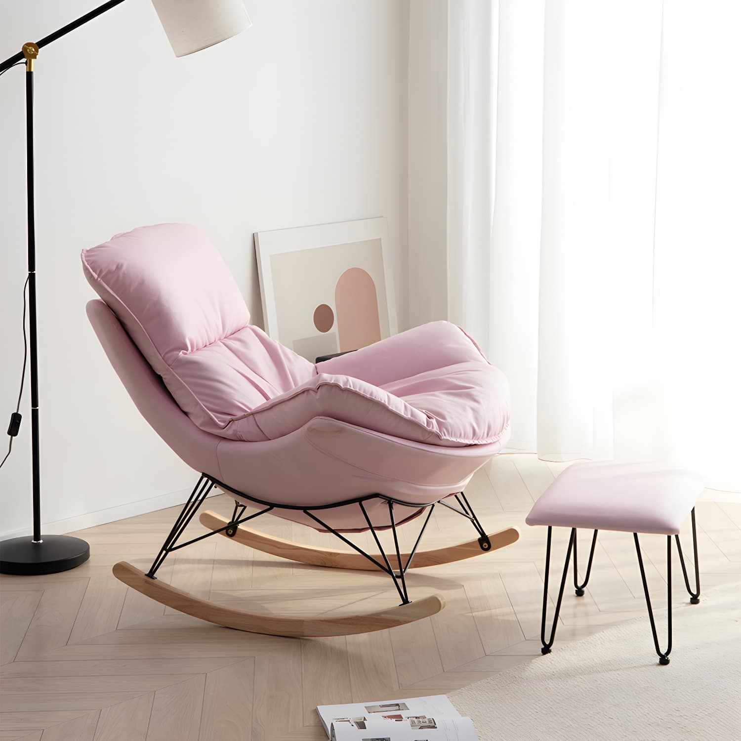 Modern Rocking Chair with Ottomans - Metal Frame, Removable Cushions, and Armless Design thumbnail 10