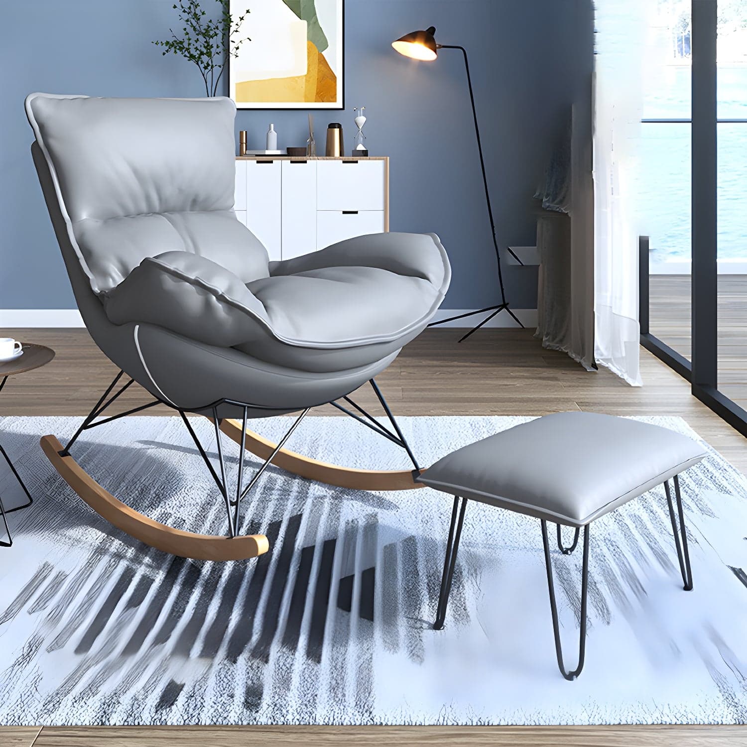 Contemporary Rocker Chair Antique Finish Rocking Chair with Ottoman thumbnail 7