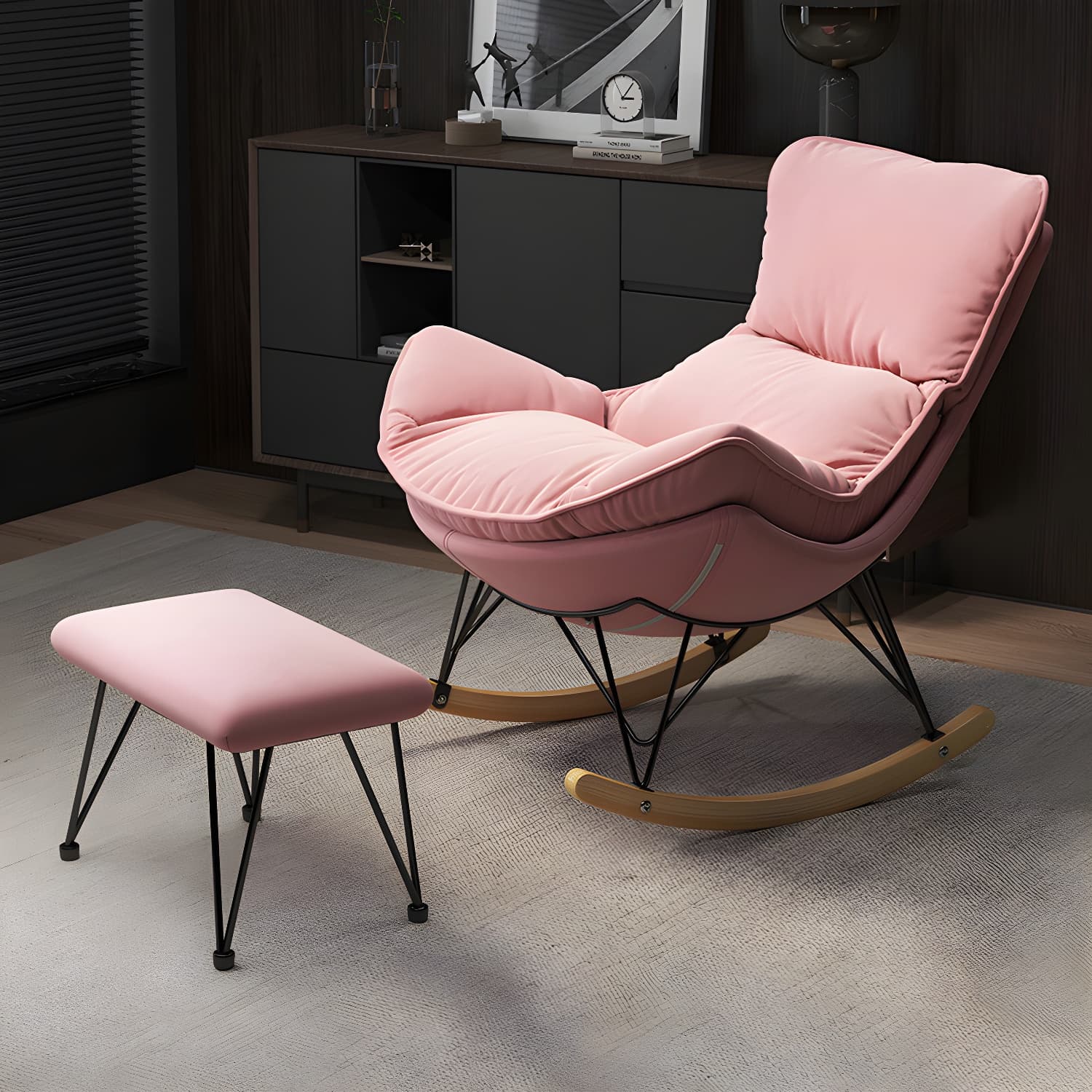 Wing Back Rocking Chair Solid Wood Rocker Chair with Ottoman thumbnail 17