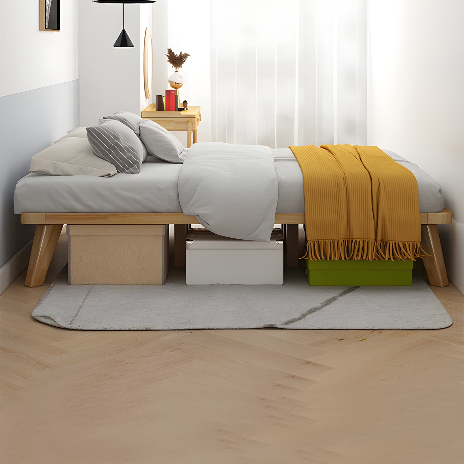 Natural Upholstered Wooden Bed Frame Nordic 13.39" H Platform Bed thumbnail 4