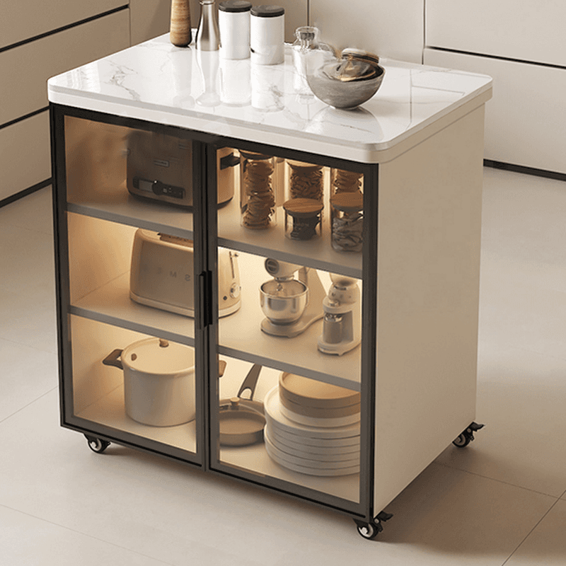 Trendy Sideboard on Caster Wheels with Narrow Stone Countertop, Glazed Door, Adjustable Shelving, and Lighting System thumbnail 4