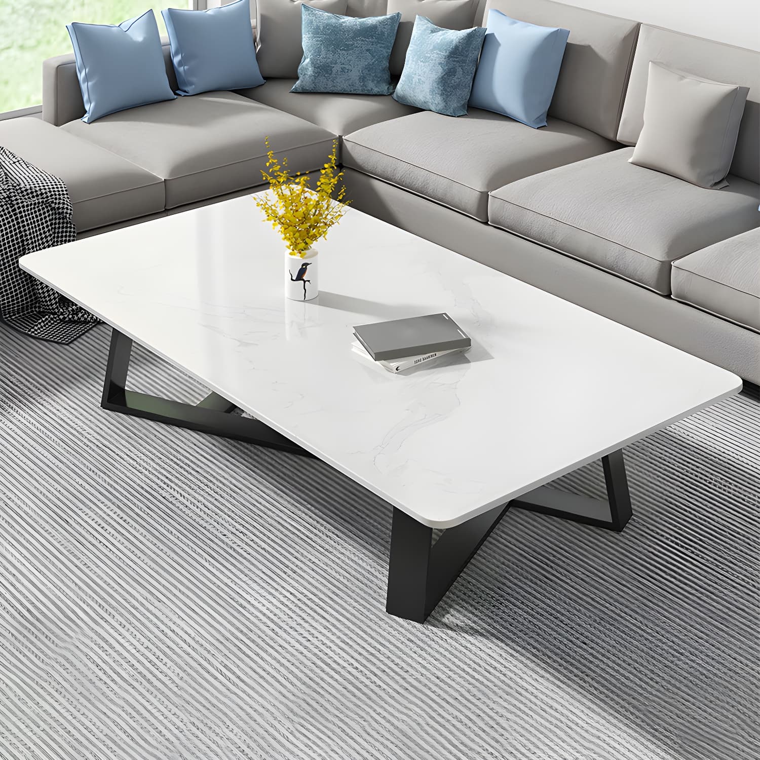 Modern Rectangle Coffee or End Table Stone and Steel Coffee Table with Cross Legs thumbnail 18