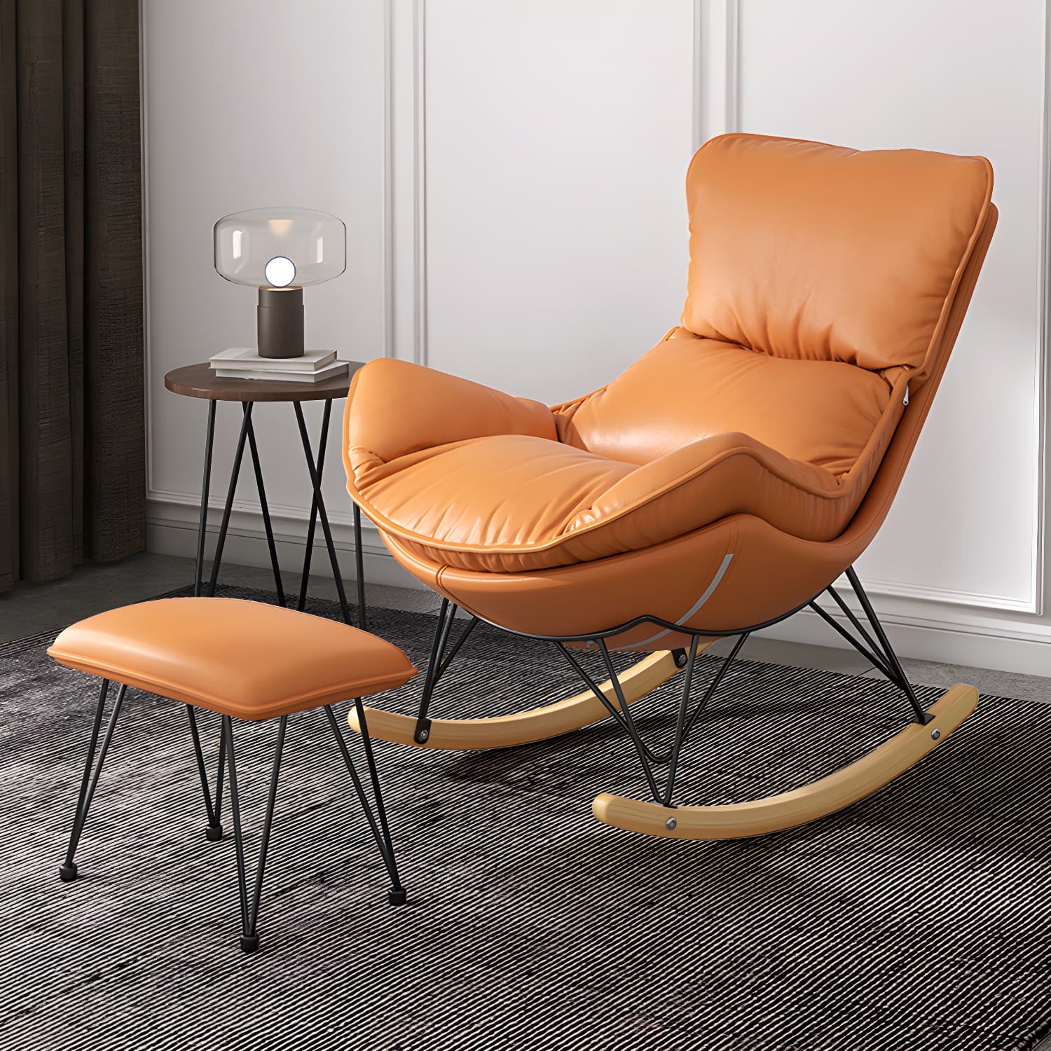 Wing Back Rocking Chair Solid Wood Rocker Chair with Ottoman thumbnail 21