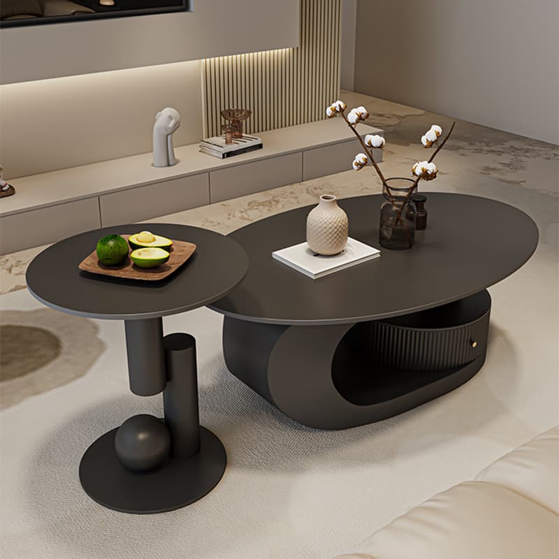 Modern Oval Stone Top Coffee Table, Abstract Iron Base, Scratch Resistant thumbnail 4