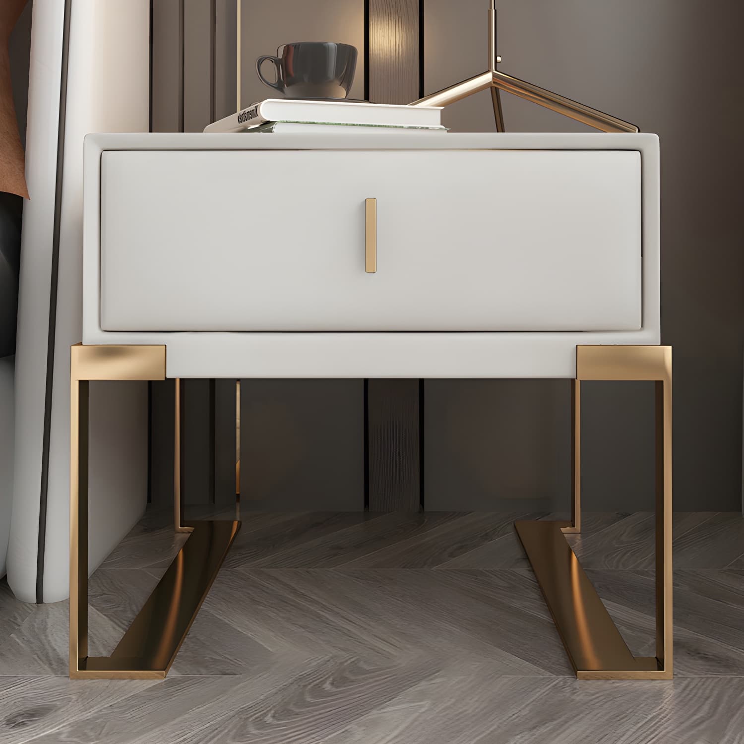 Faux Leather Nightstand 1-Drawer 21 Inch Tall Modern Legs Included Night Table thumbnail 24
