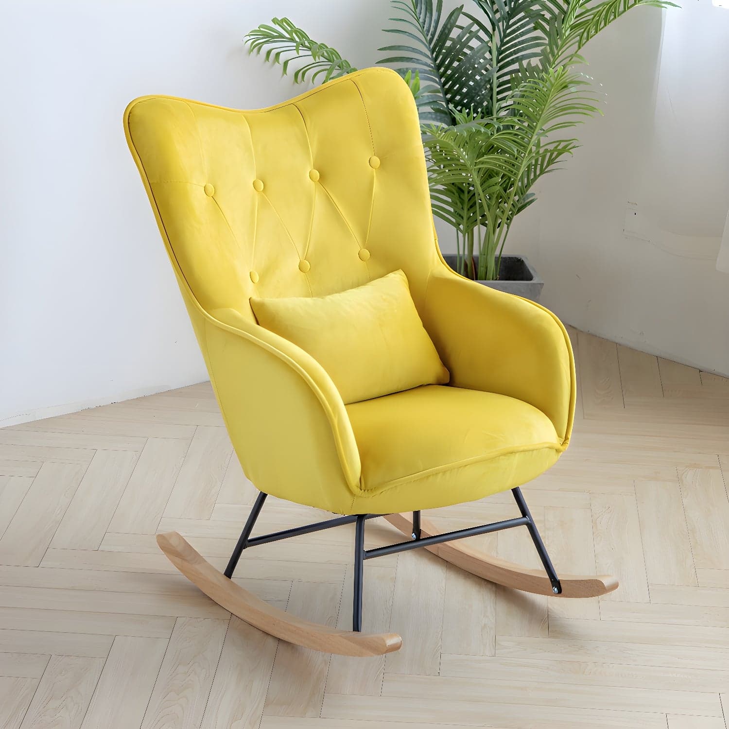 Stylish Modern Upholstered Rocking Chair with Natural Wood Legs and Tufted Back Cushion thumbnail 9