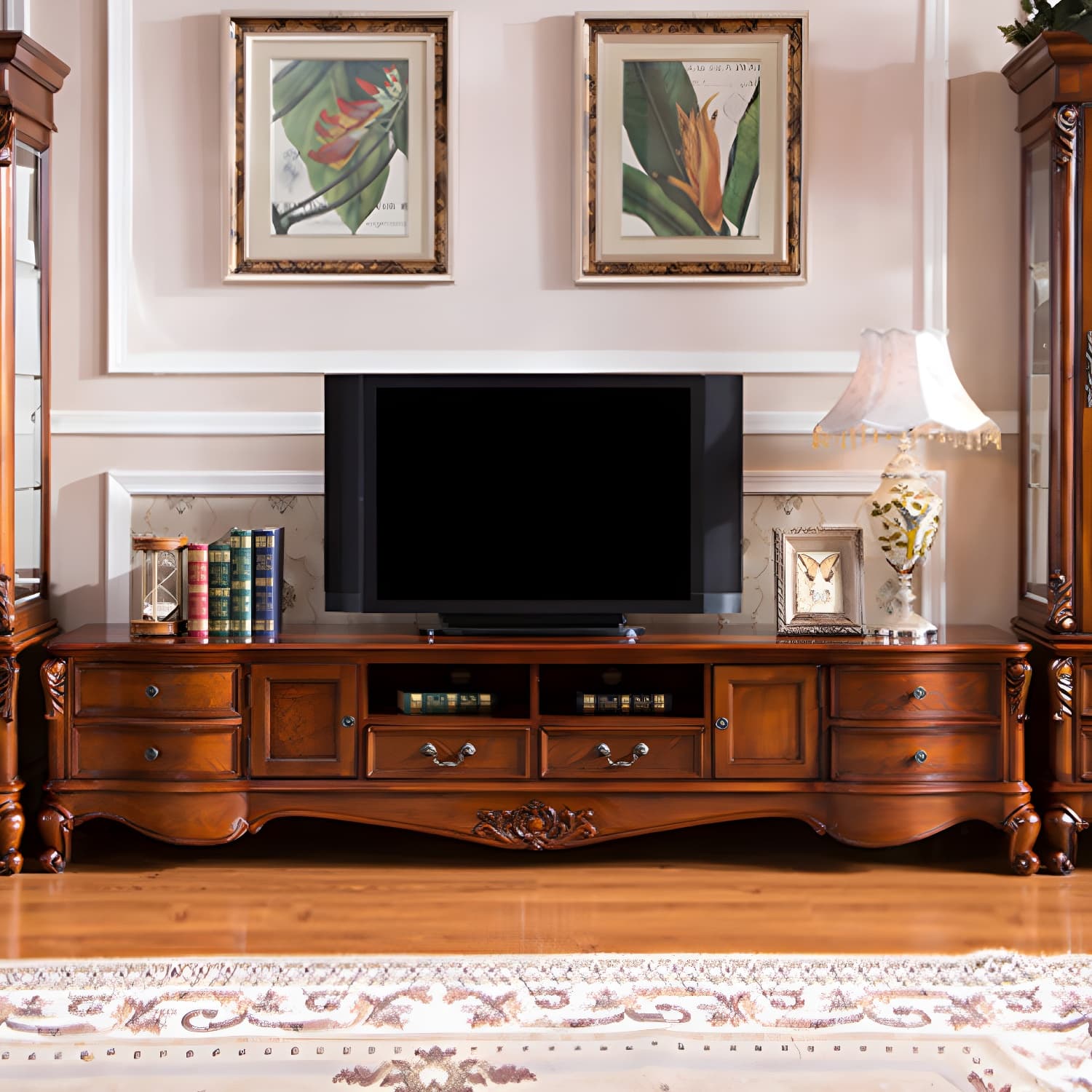 Brown Wooden TV Stand Console Traditional Style Home TV Cabinet with Drawers thumbnail 9