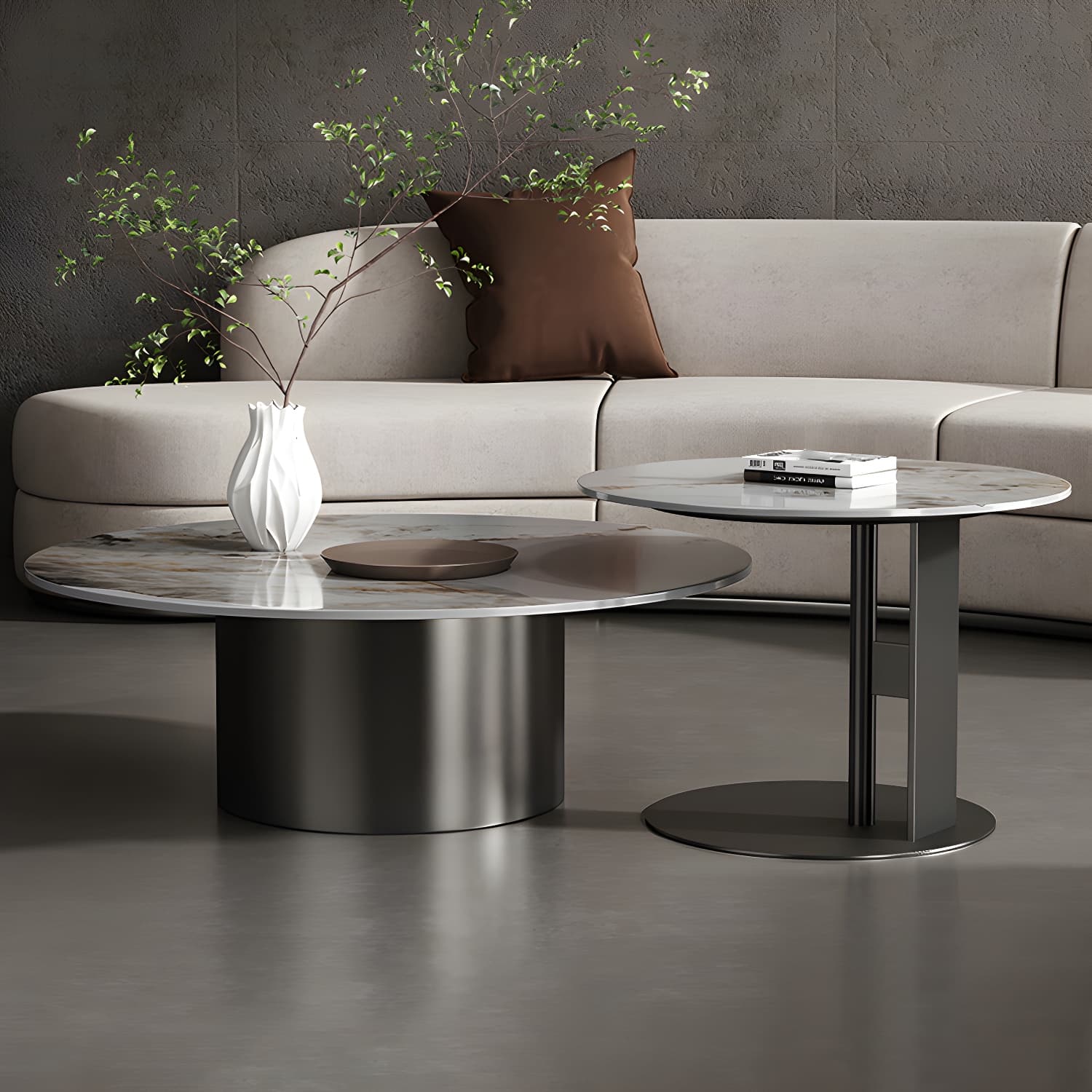 Slate Coffee Table Round Nesting Coffee Table Set with Pedestal Legs thumbnail 3
