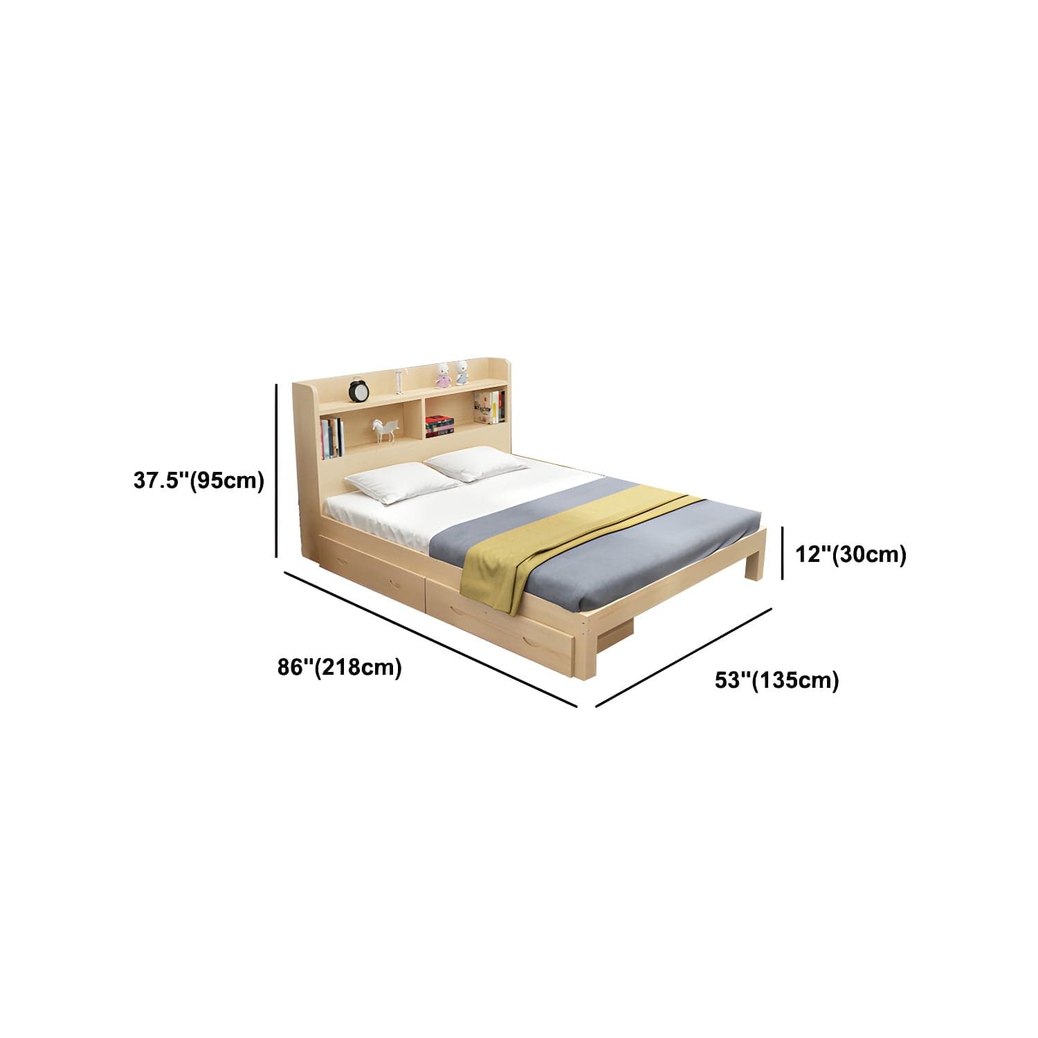 Nordic Solid Wood Bookcase Included Bed Frame Upholstered 2-Drawer Bed Frame thumbnail 12