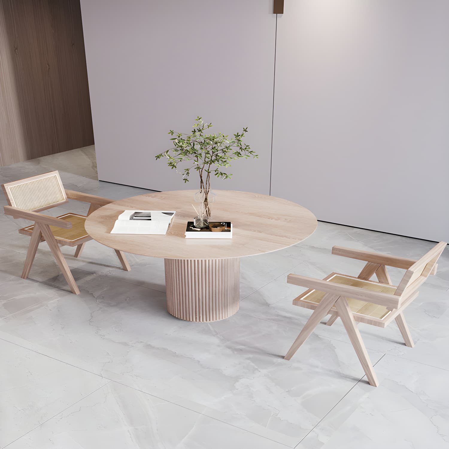 Solid Wood Round Table for Restaurant Modern Wood Table with Pedestal Base thumbnail 3