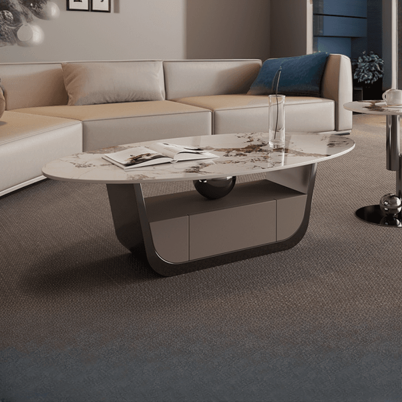 Glamorous Oblong Stone Coffee Table with Abstract Base, Scratch-proof and Drawer for Small Spaces thumbnail 1