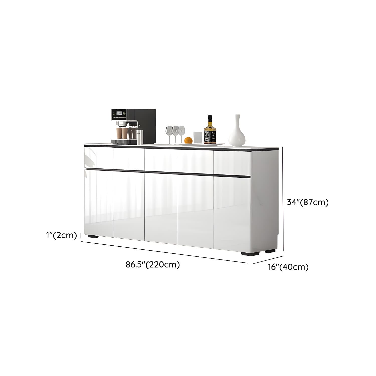 Modern White Sideboard with Glass Countertop, Cabinets, and Drawers thumbnail 15